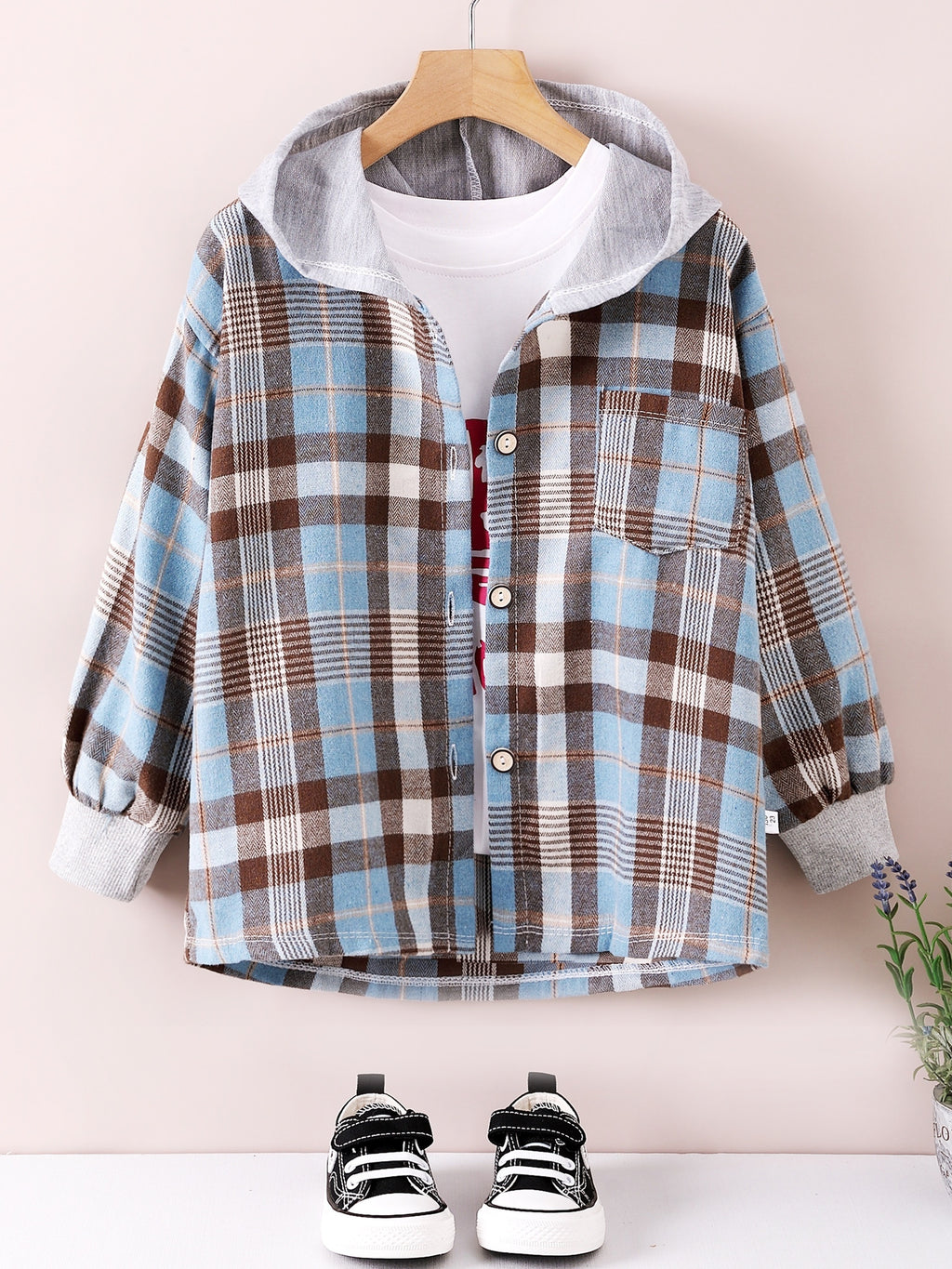 Boys Fashion Plaid Hooded Jacket, Long Sleeve Button Down Hooded Jacket, Kids Clothing