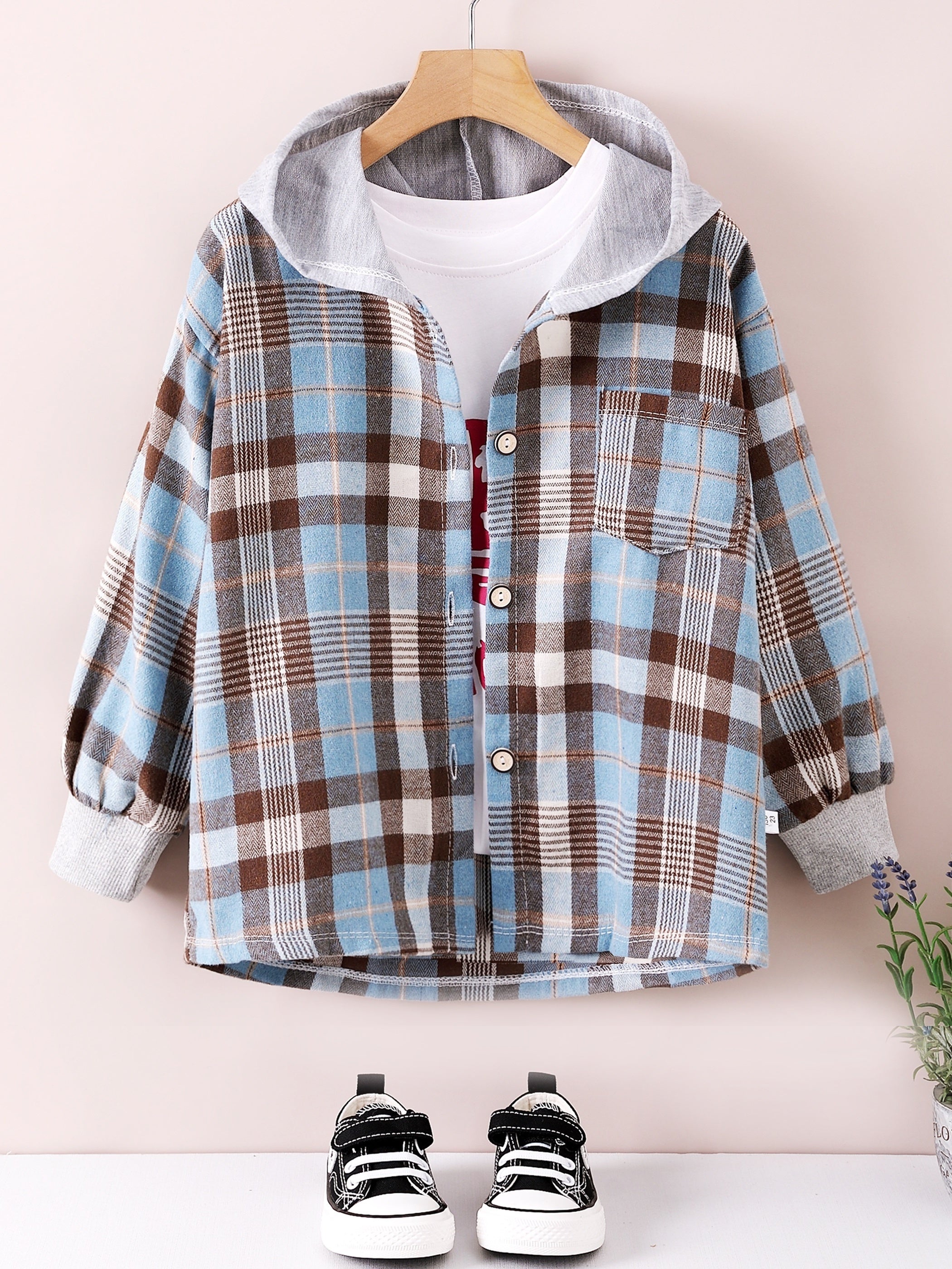 Boys Fashion Plaid Hooded Jacket, Long Sleeve Button Down Hooded Jacket, Kids Clothing