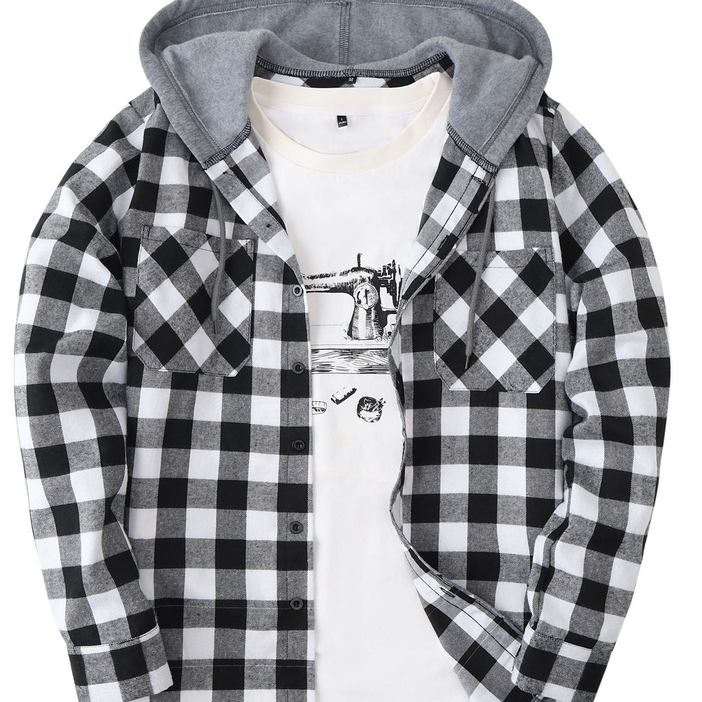 Long Sleeve Casual Regular Fit Button Up Hooded Shirts Jacket, Plaid Shirt Coat For Men