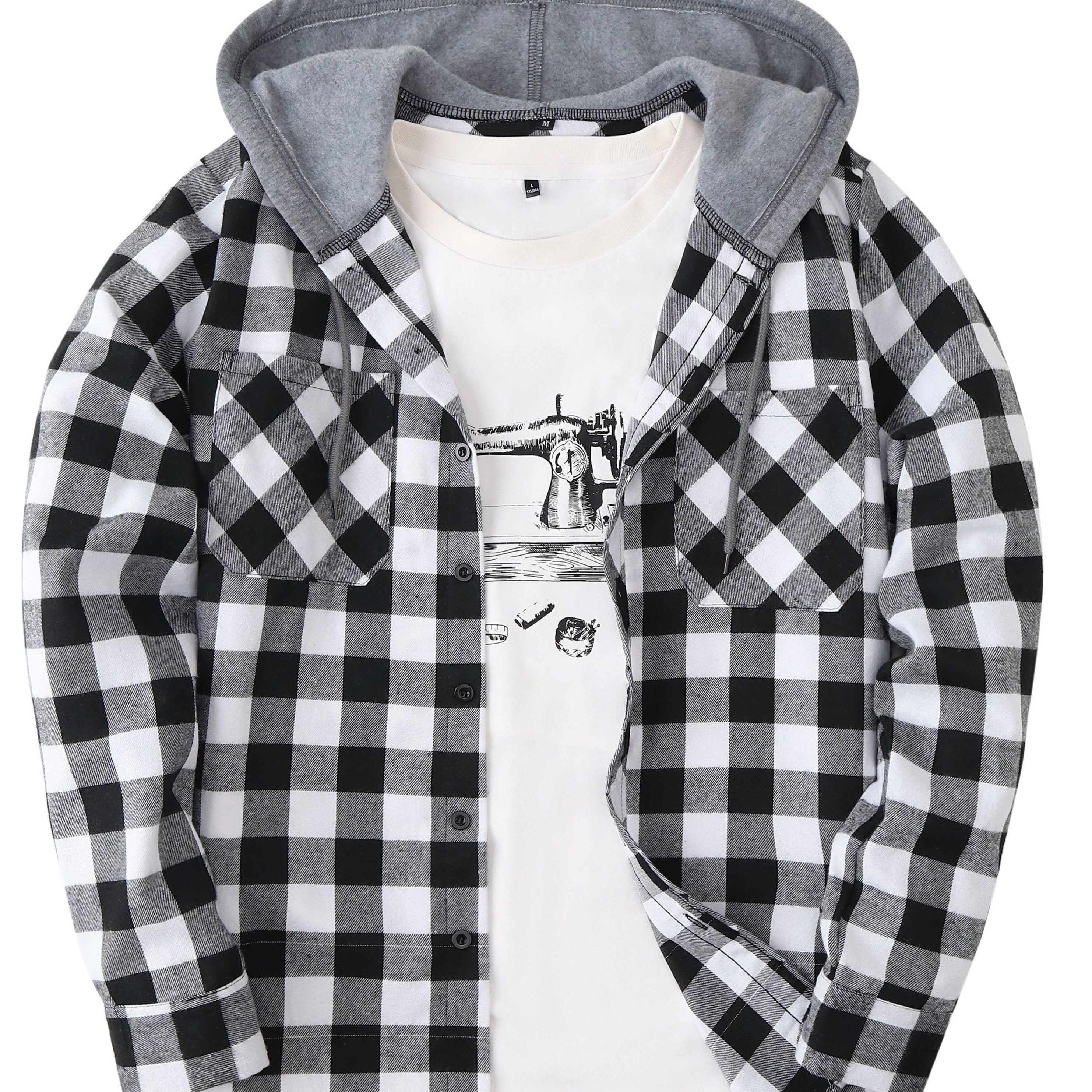 Long Sleeve Casual Regular Fit Button Up Hooded Shirts Jacket, Plaid Shirt Coat For Men