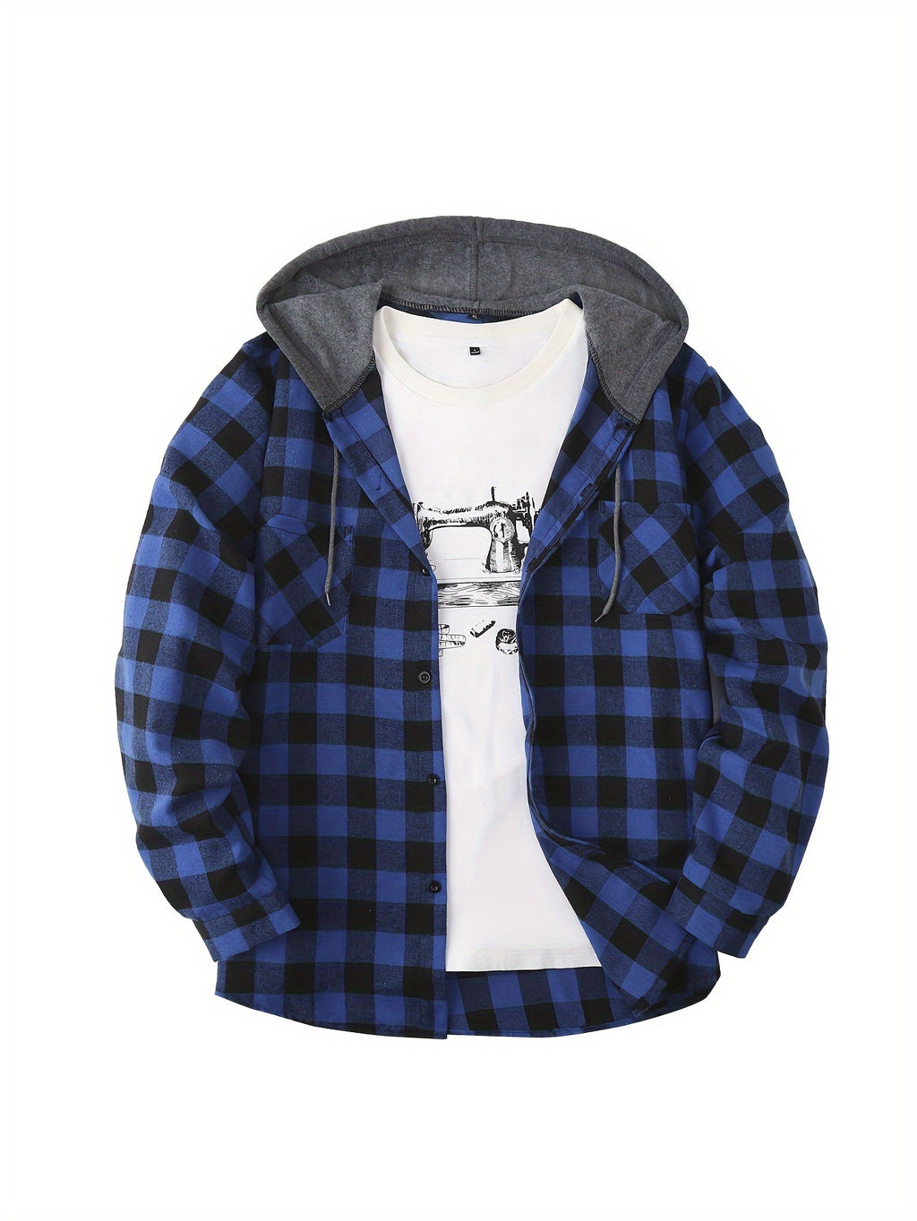 Long Sleeve Casual Regular Fit Button Up Hooded Shirts Jacket, Plaid Shirt Coat For Men