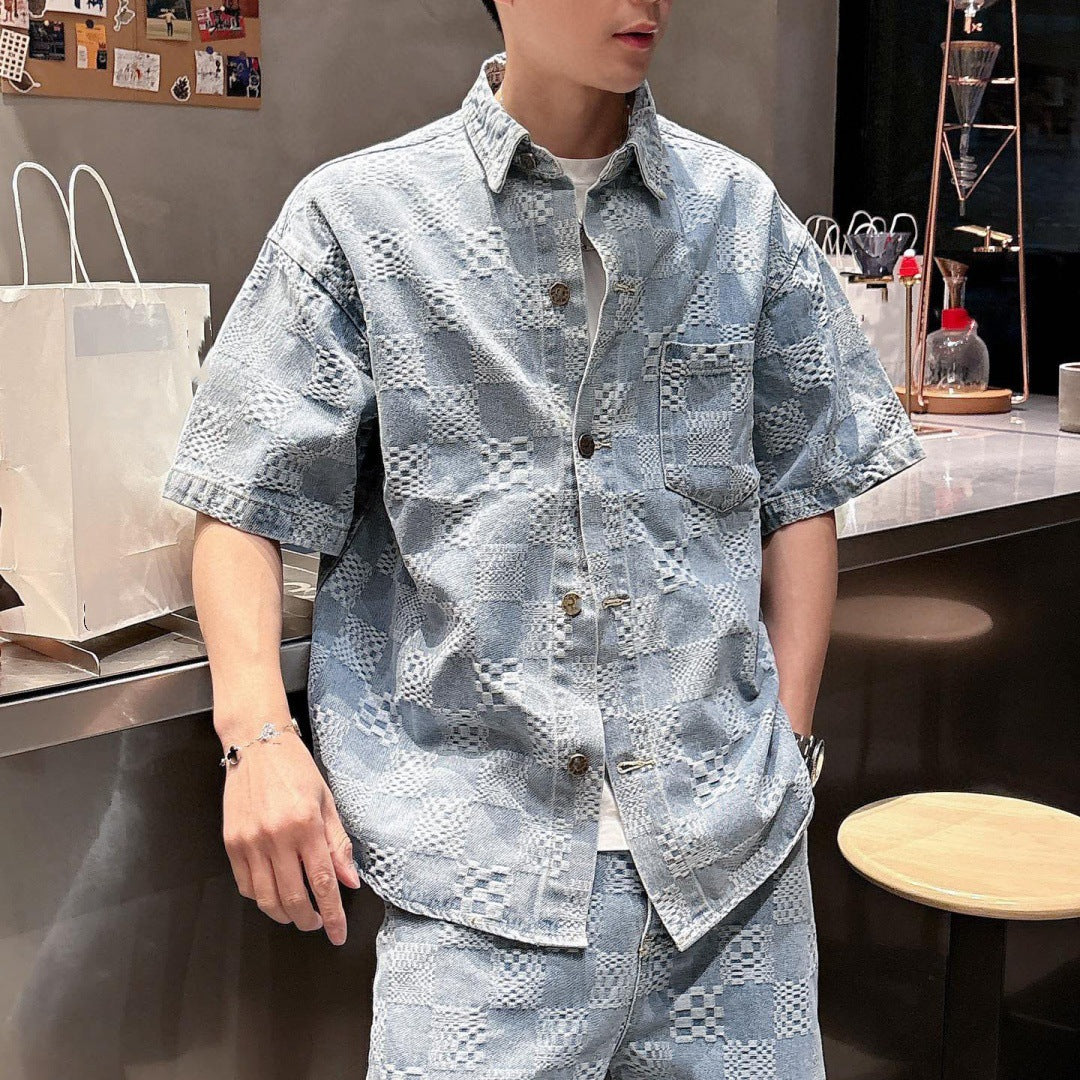 Denim shirt and denim shorts set