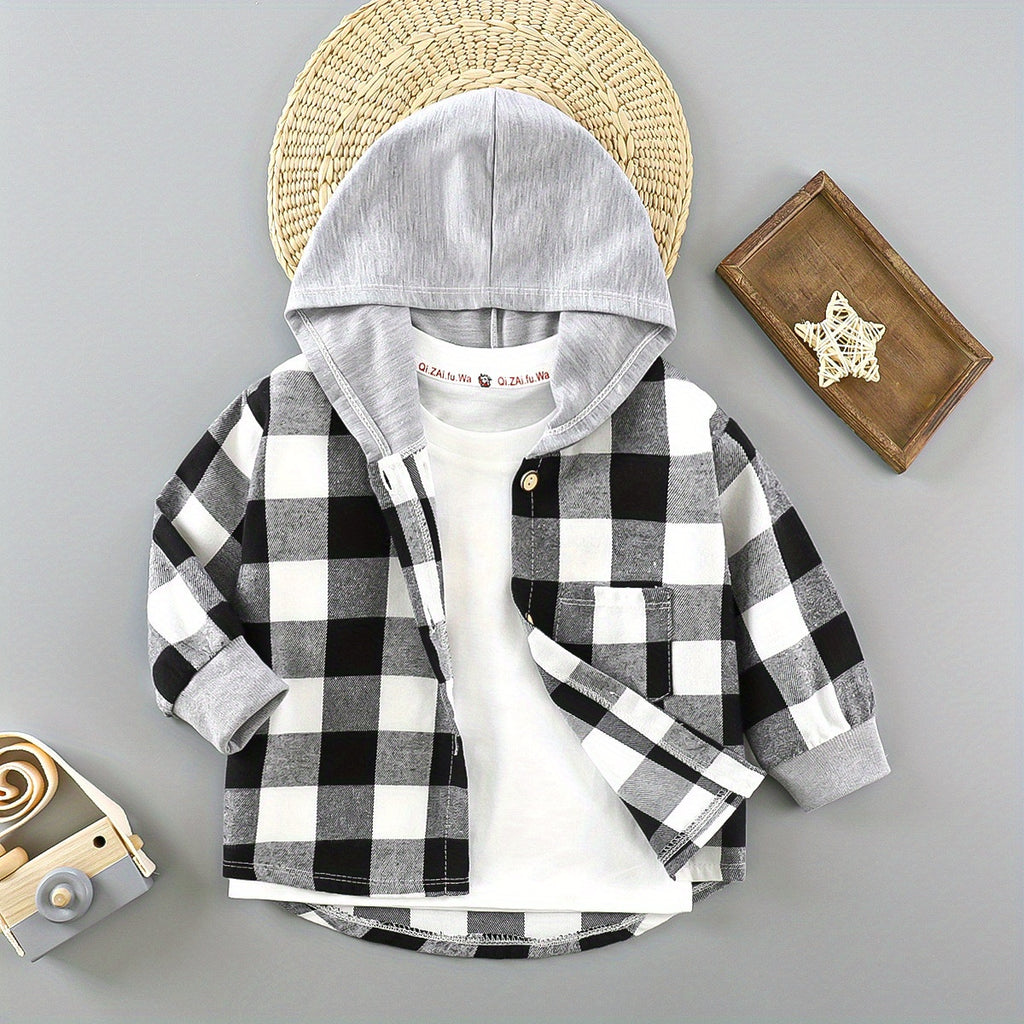 Boys Fashion Plaid Hooded Jacket, Long Sleeve Button Down Hooded Jacket, Kids Clothing