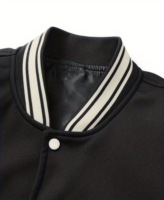 Men's Casual Varsity Jacket - "REARING" Embroidered, Color Block, Polyester, Button-Up with Pockets, Street Style Baseball Coat, Machine Washable