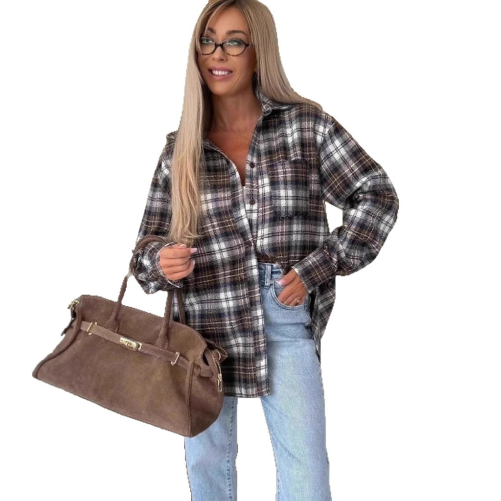 Loose Long Sleeve Casual Plaid Button Shirt For Women
