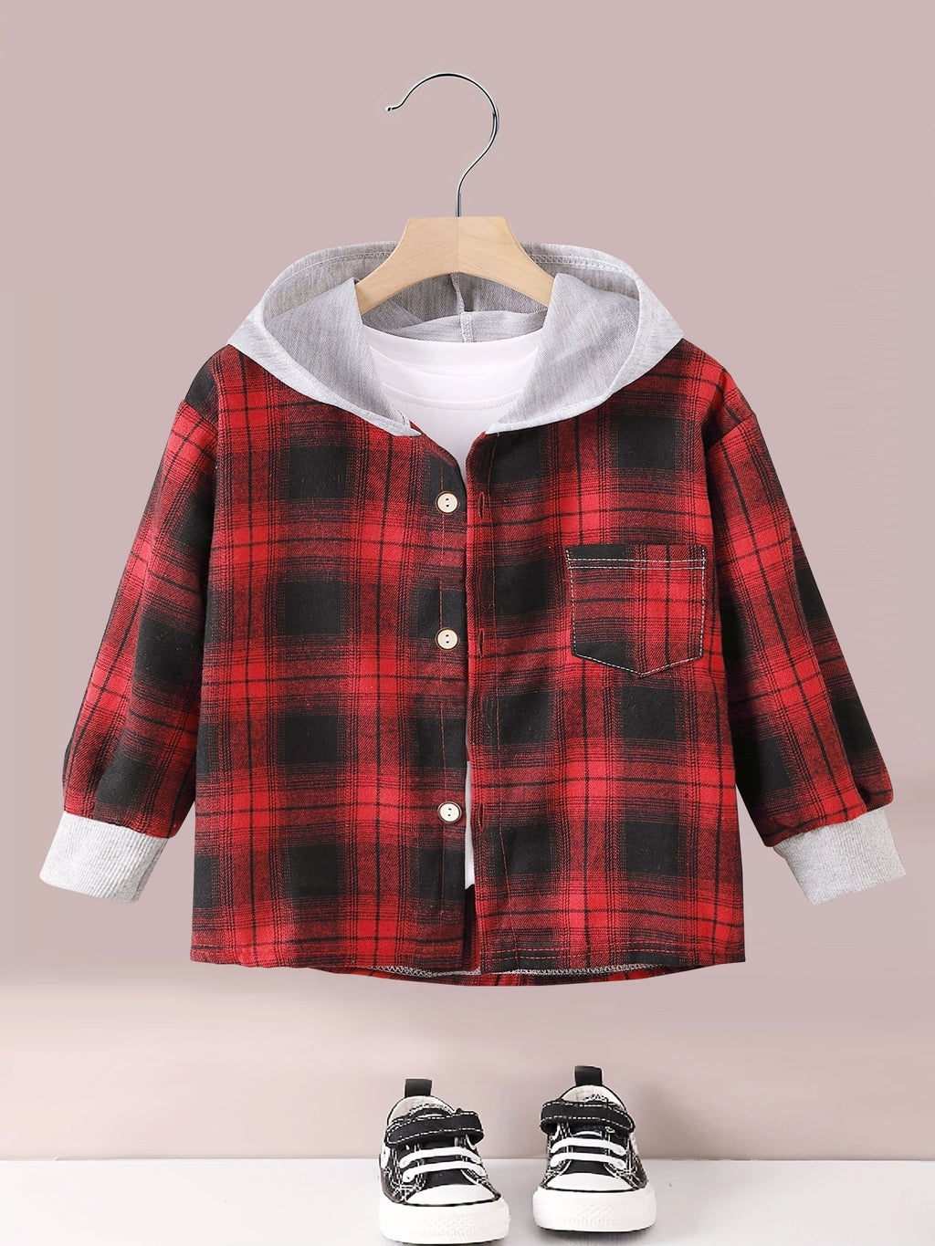 Boys Fashion Plaid Hooded Jacket, Long Sleeve Button Down Hooded Jacket, Kids Clothing