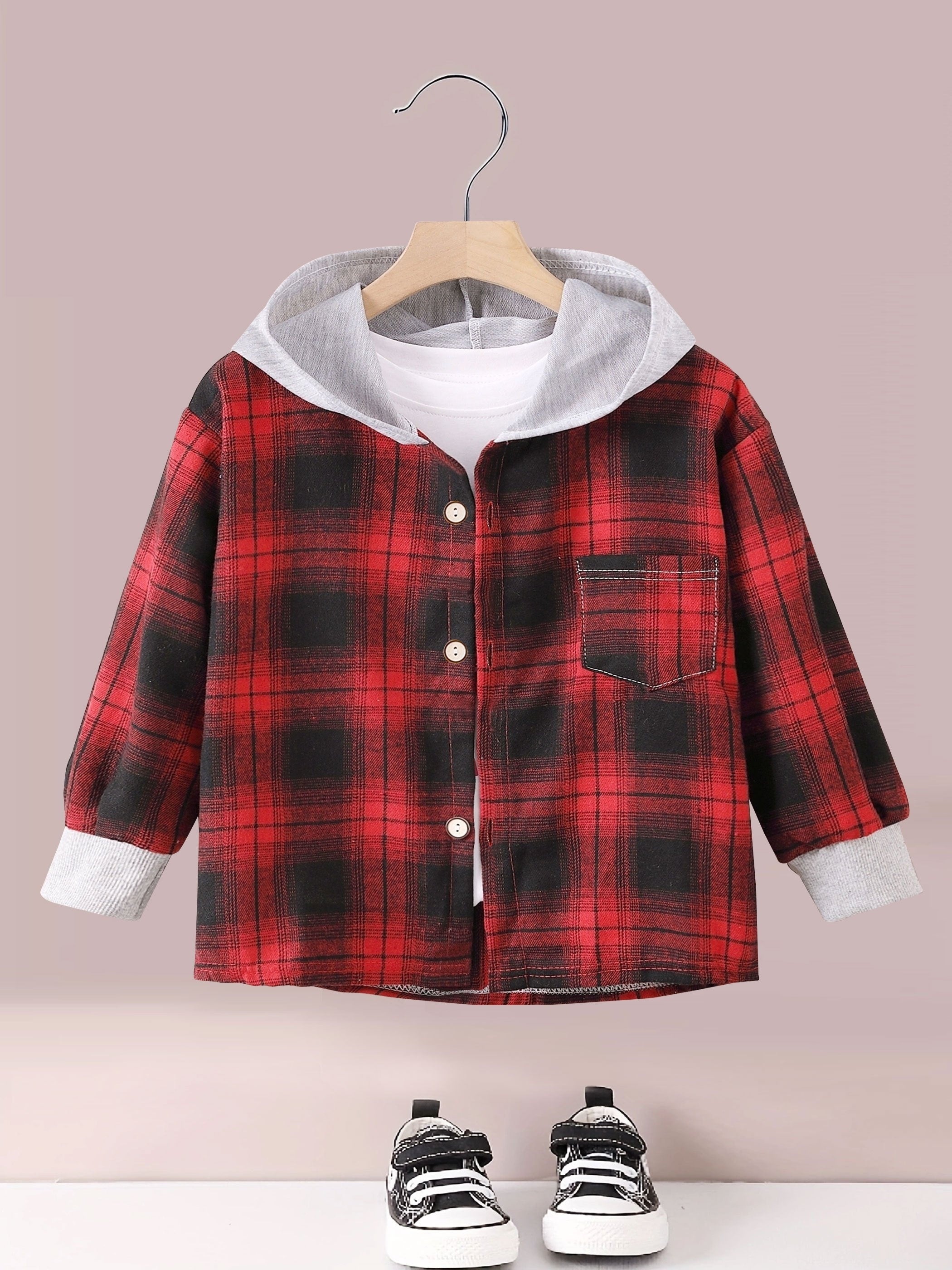 Boys Fashion Plaid Hooded Jacket, Long Sleeve Button Down Hooded Jacket, Kids Clothing