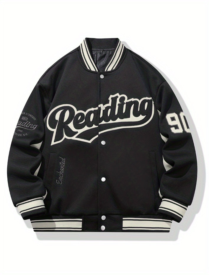 Men's Casual Varsity Jacket - "REARING" Embroidered, Color Block, Polyester, Button-Up with Pockets, Street Style Baseball Coat, Machine Washable