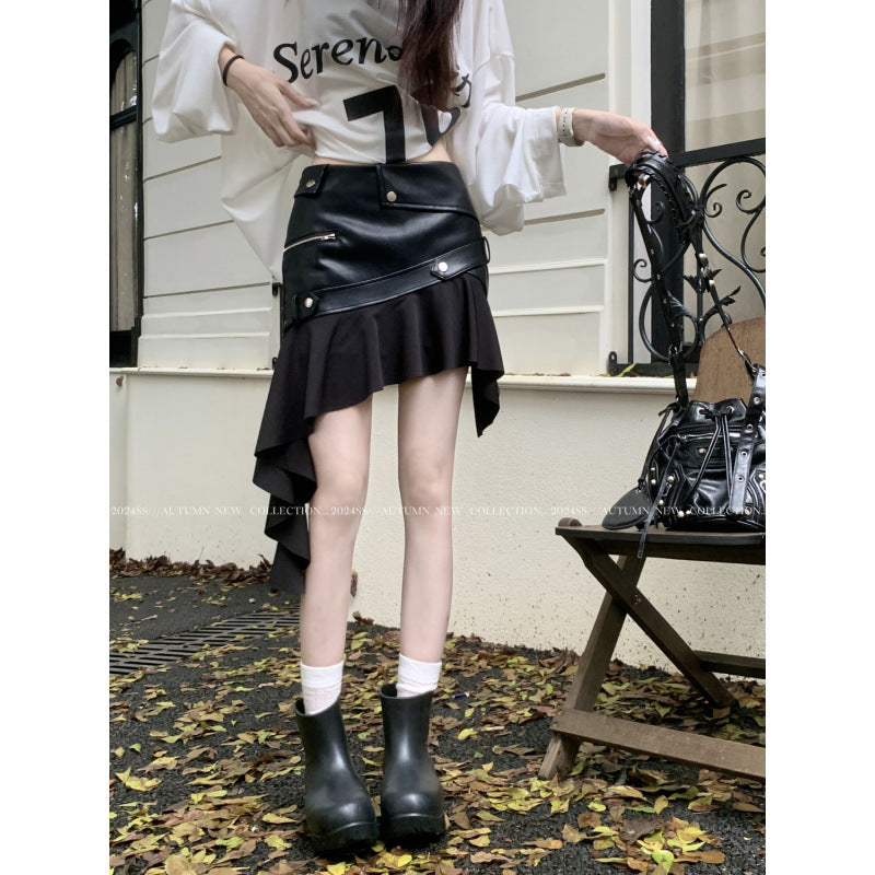 Vintage PU Leather A-Line Skirt with Ruffles