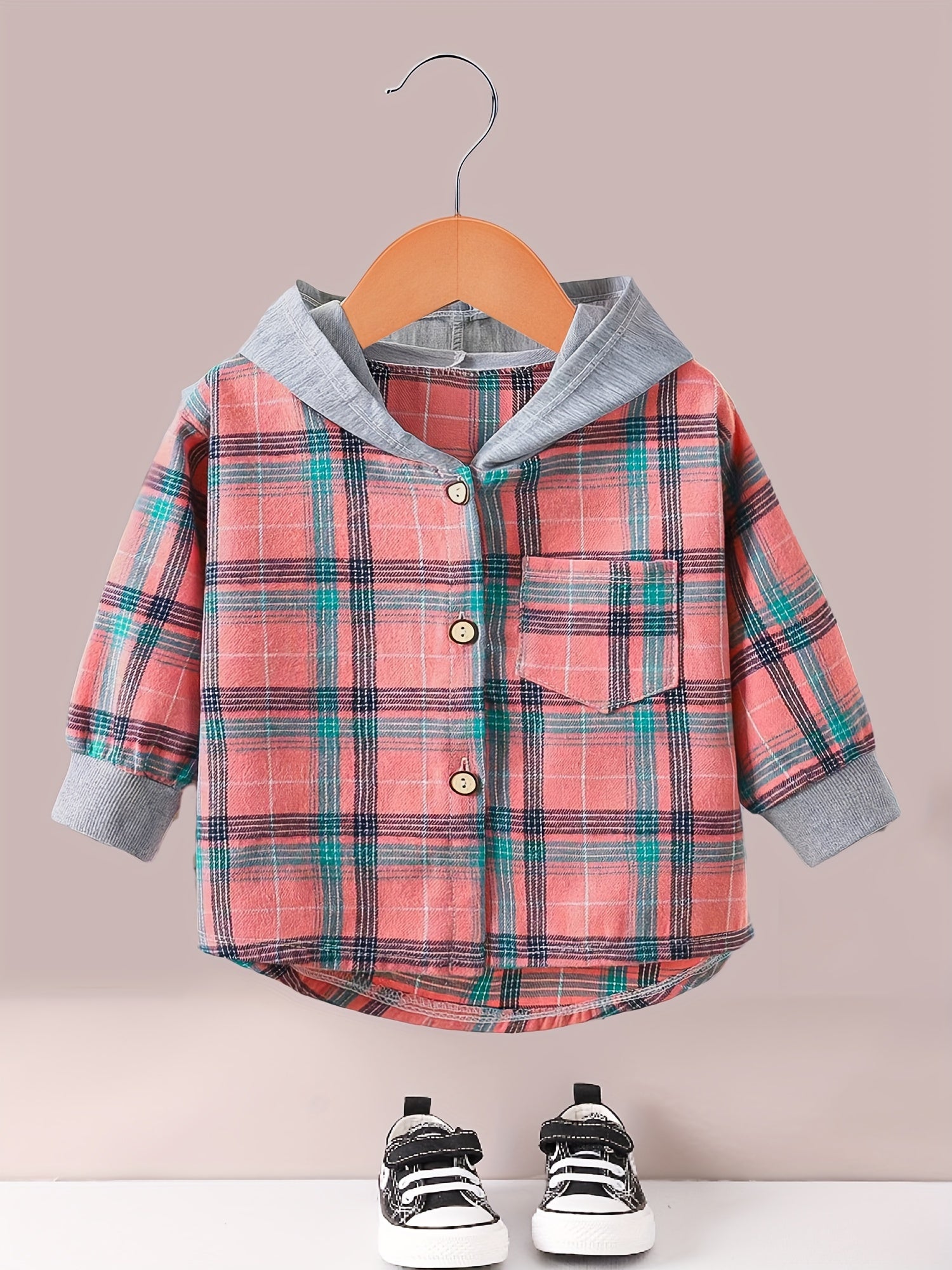 Boys Fashion Plaid Hooded Jacket, Long Sleeve Button Down Hooded Jacket, Kids Clothing