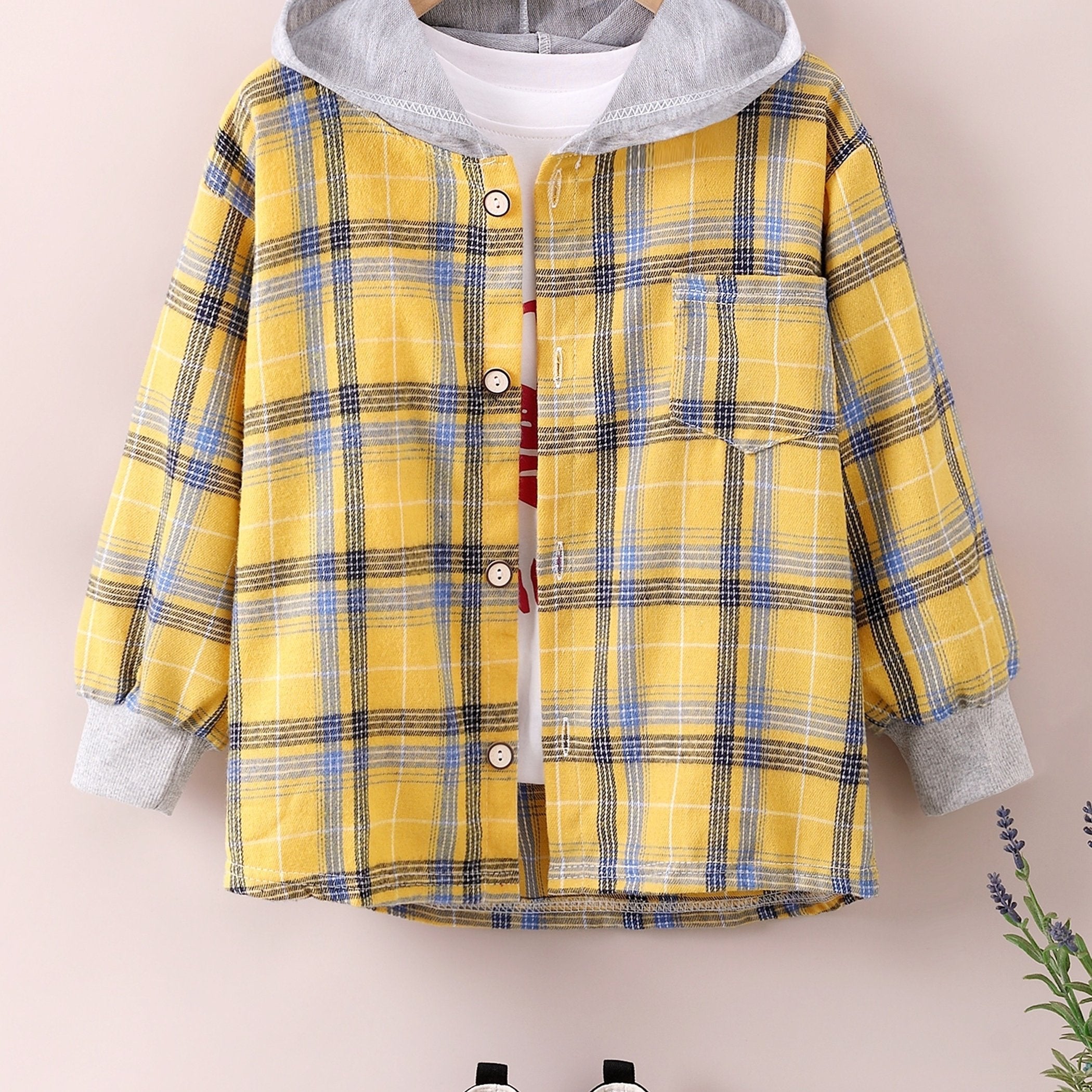 Boys Fashion Plaid Hooded Jacket, Long Sleeve Button Down Hooded Jacket, Kids Clothing
