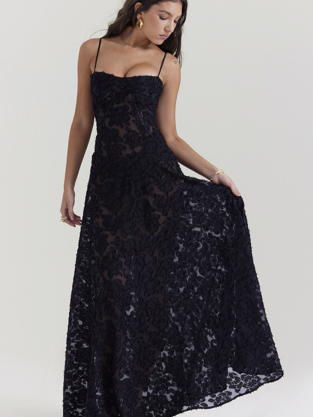 French-Style Jacquard Tie-Up Long Dress