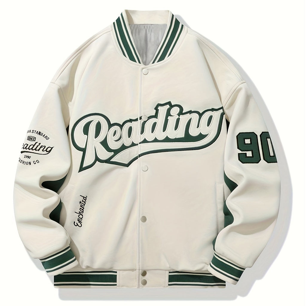 Men's Casual Varsity Jacket - "REARING" Embroidered, Color Block, Polyester, Button-Up with Pockets, Street Style Baseball Coat, Machine Washable