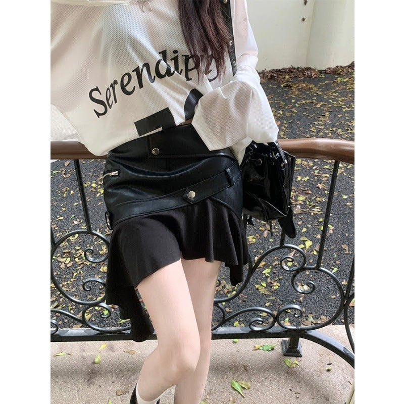 Vintage PU Leather A-Line Skirt with Ruffles