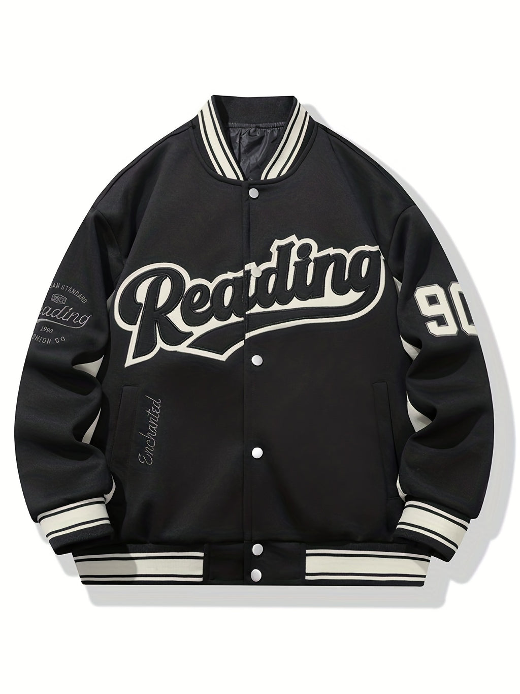 Men's Casual Varsity Jacket - "REARING" Embroidered, Color Block, Polyester, Button-Up with Pockets, Street Style Baseball Coat, Machine Washable