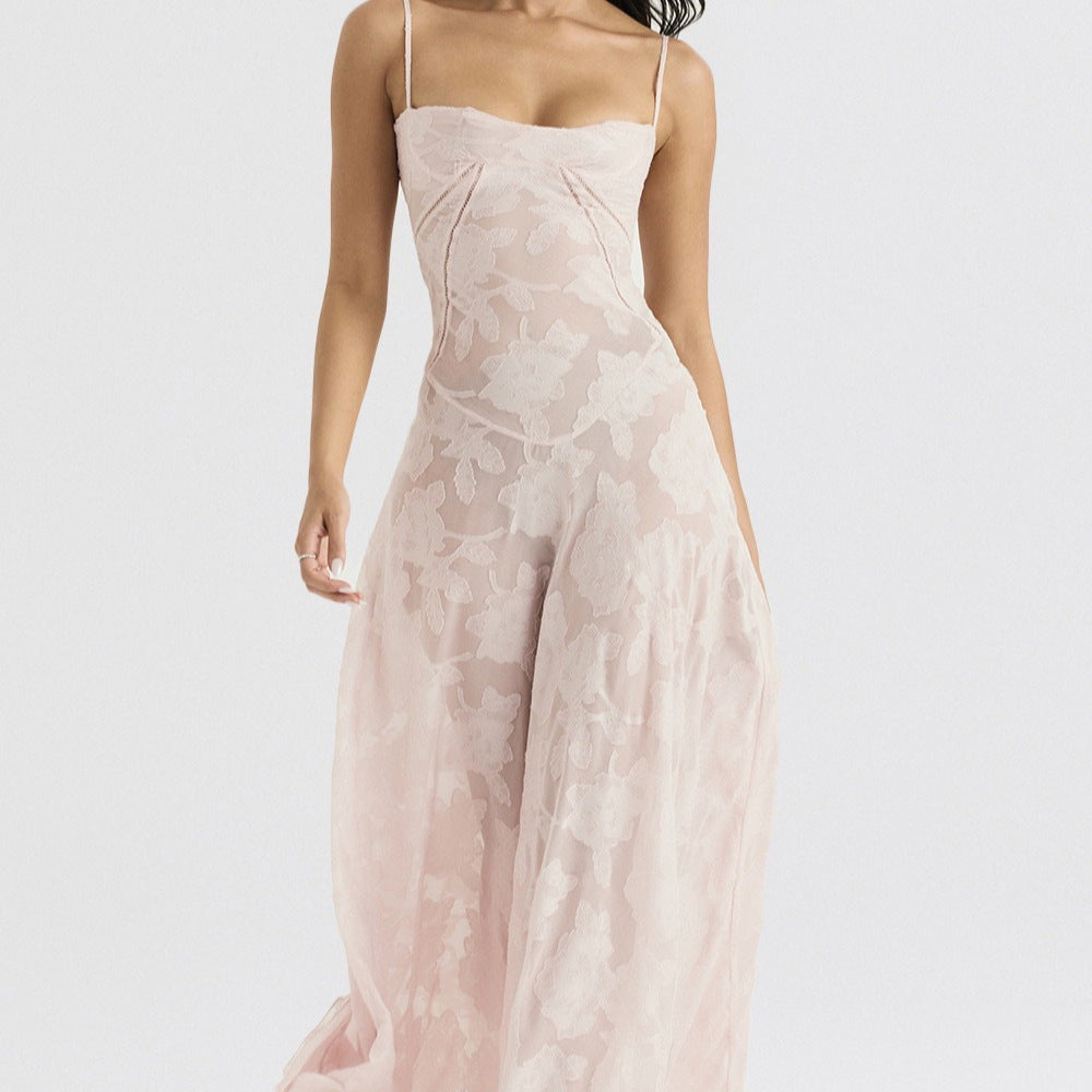French-Style Jacquard Tie-Up Long Dress