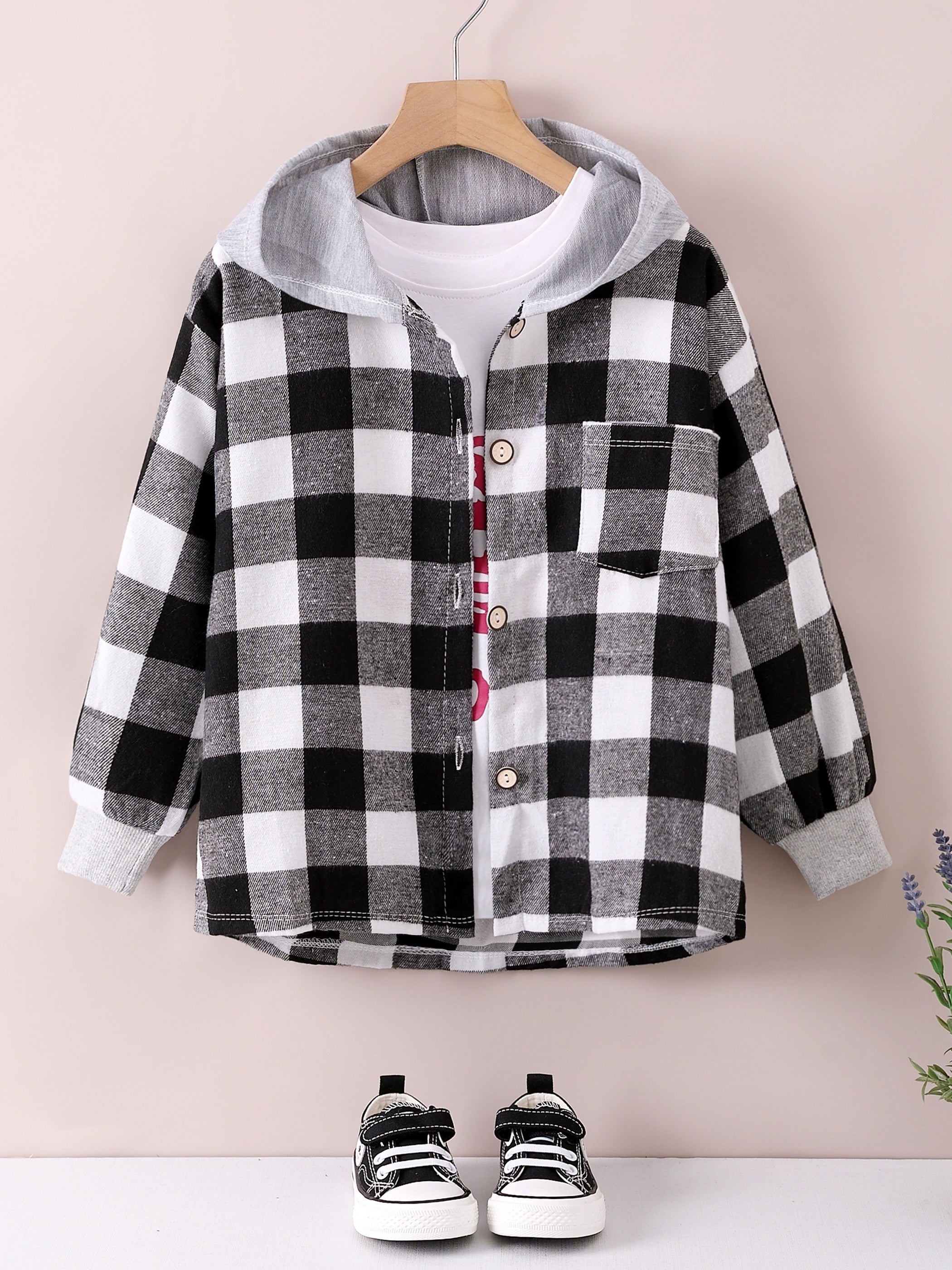 Boys Fashion Plaid Hooded Jacket, Long Sleeve Button Down Hooded Jacket, Kids Clothing