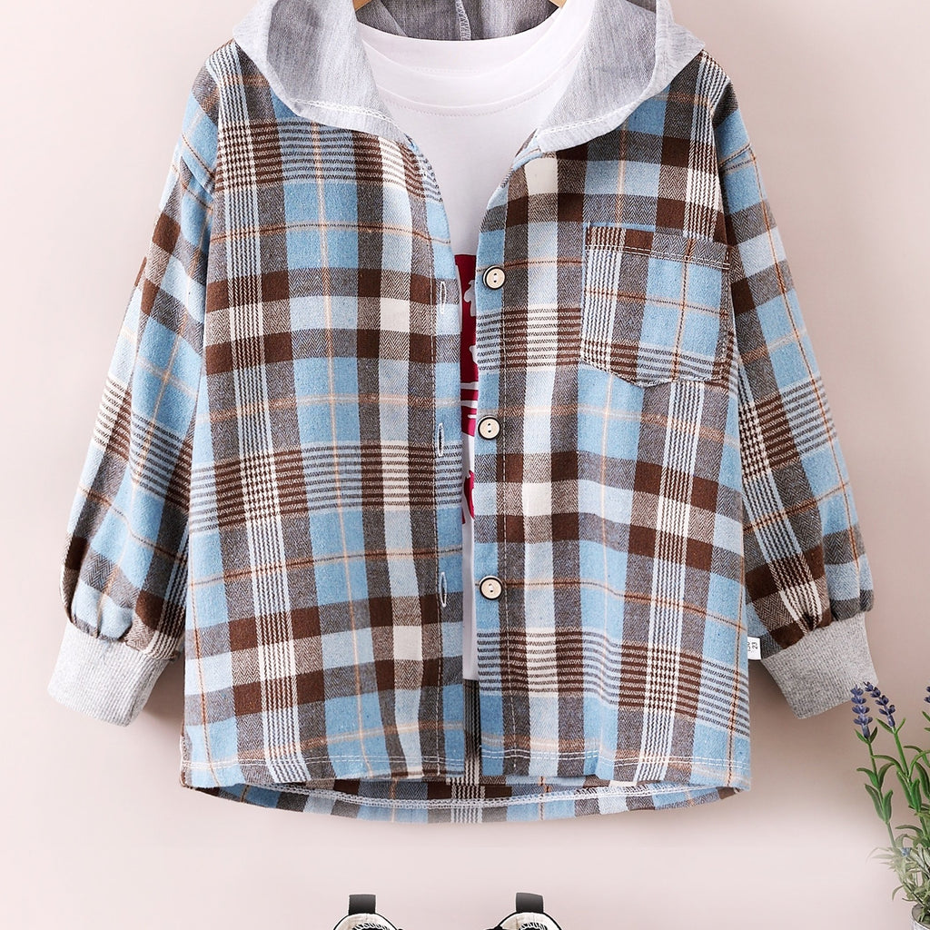Boys Fashion Plaid Hooded Jacket, Long Sleeve Button Down Hooded Jacket, Kids Clothing