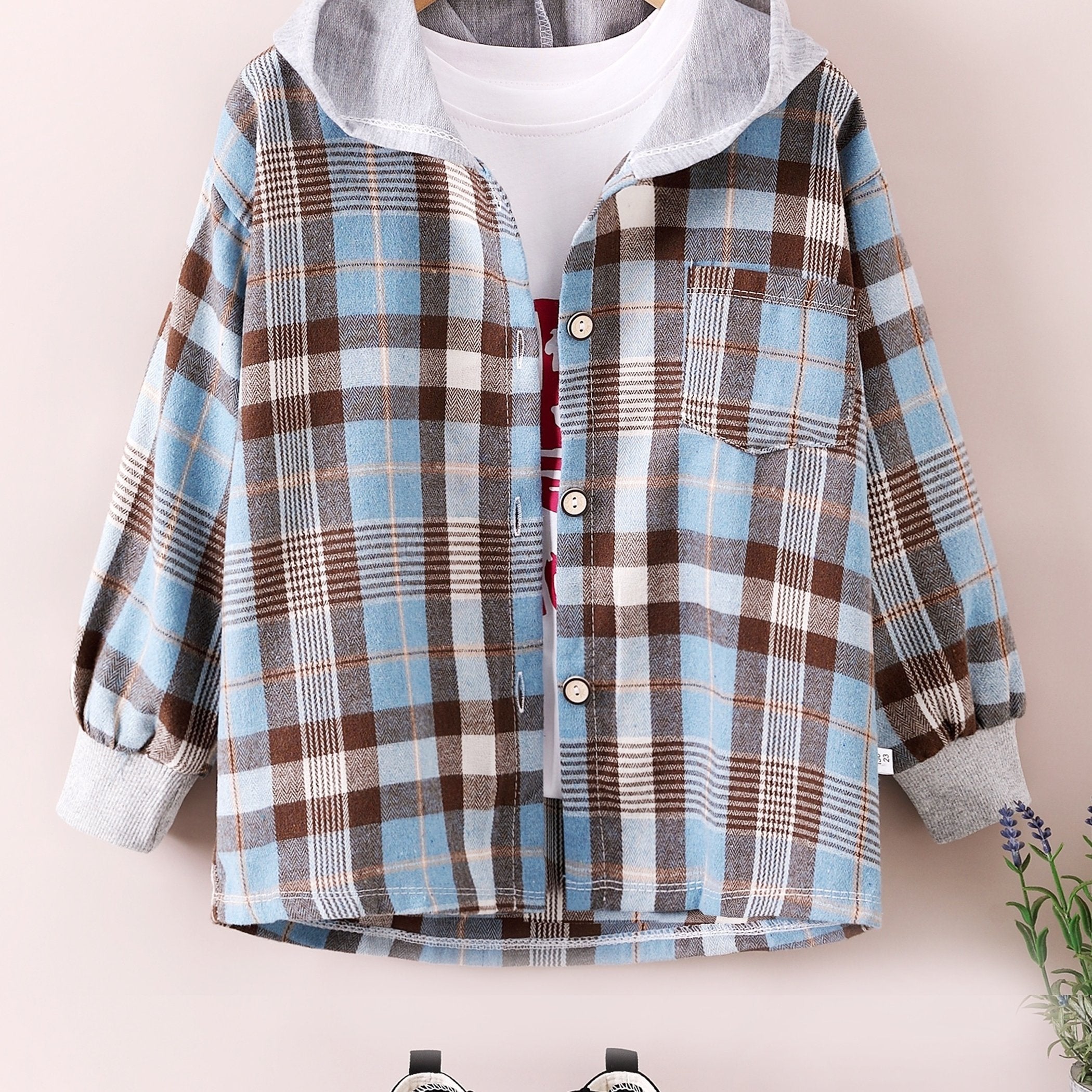 Boys Fashion Plaid Hooded Jacket, Long Sleeve Button Down Hooded Jacket, Kids Clothing