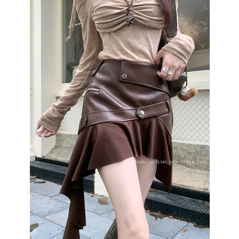 Vintage PU Leather A-Line Skirt with Ruffles