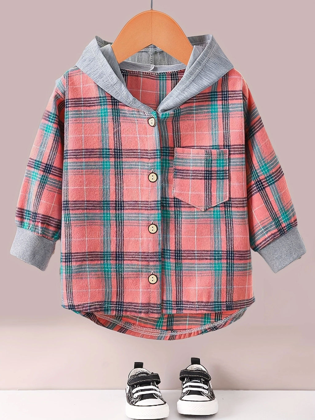 Boys Fashion Plaid Hooded Jacket, Long Sleeve Button Down Hooded Jacket, Kids Clothing