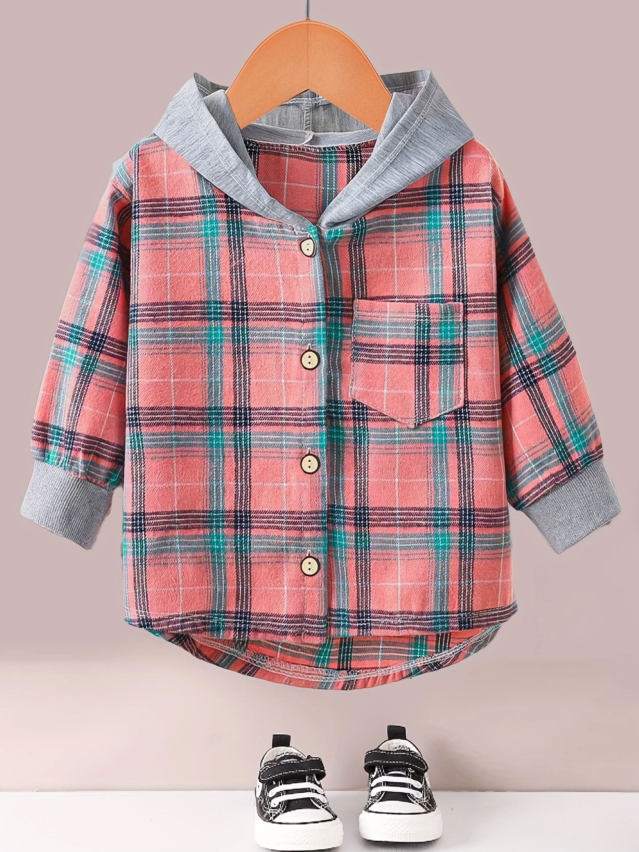 Boys Fashion Plaid Hooded Jacket, Long Sleeve Button Down Hooded Jacket, Kids Clothing