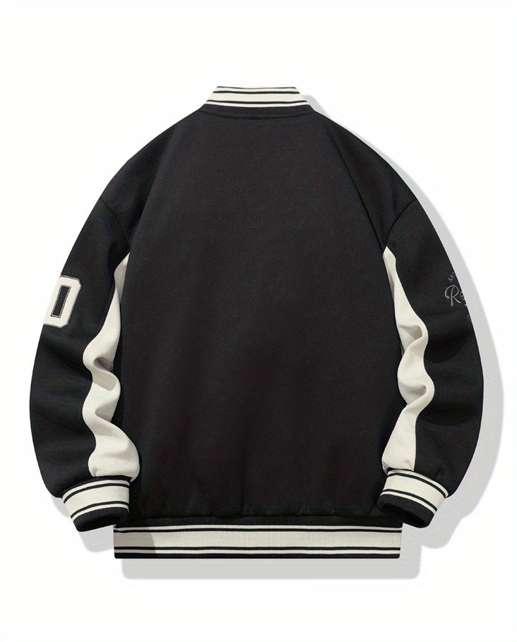 Men's Casual Varsity Jacket - "REARING" Embroidered, Color Block, Polyester, Button-Up with Pockets, Street Style Baseball Coat, Machine Washable