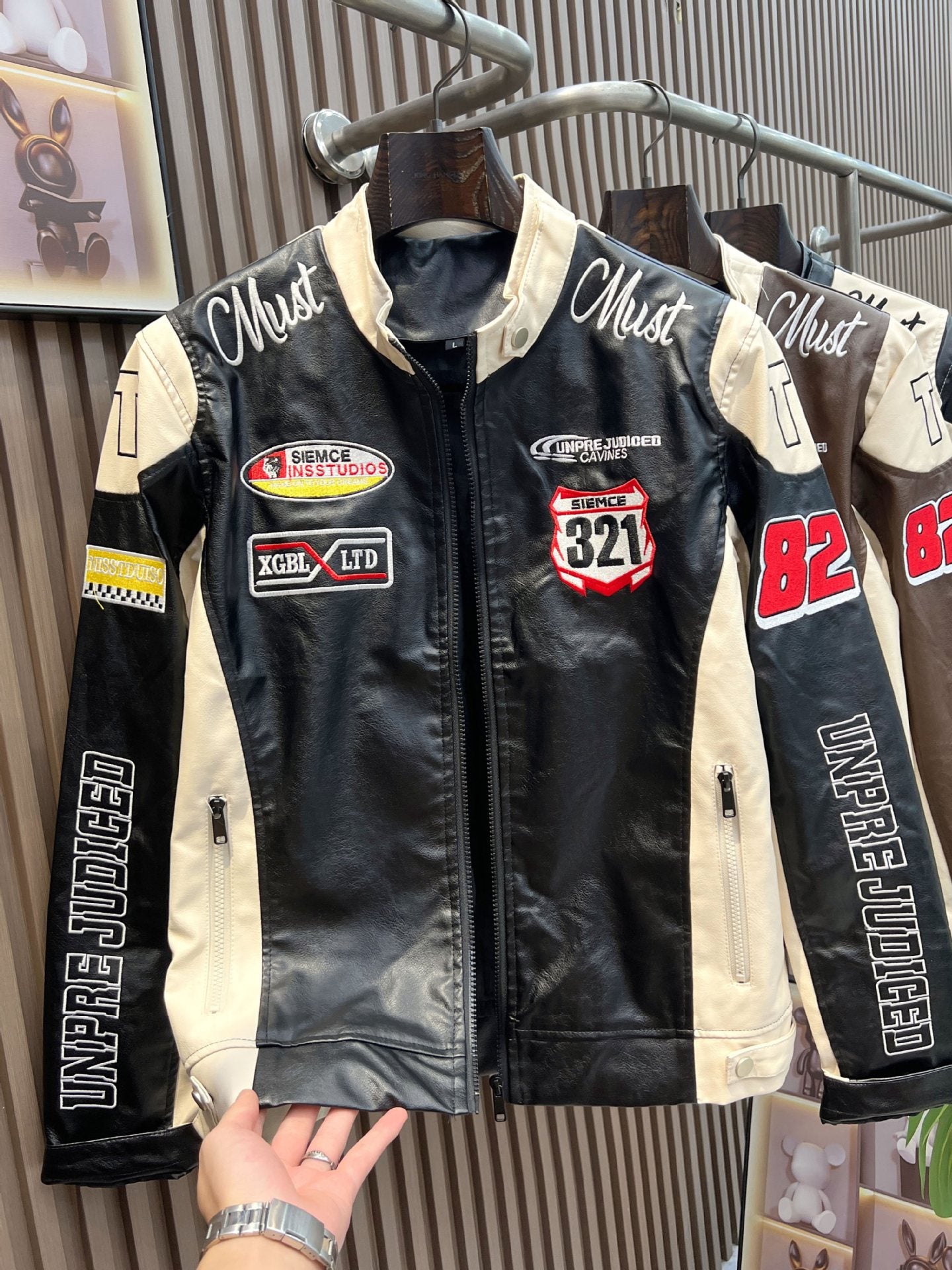 Letter Embroidered PU Leather Motorcycle Baseball Jacket