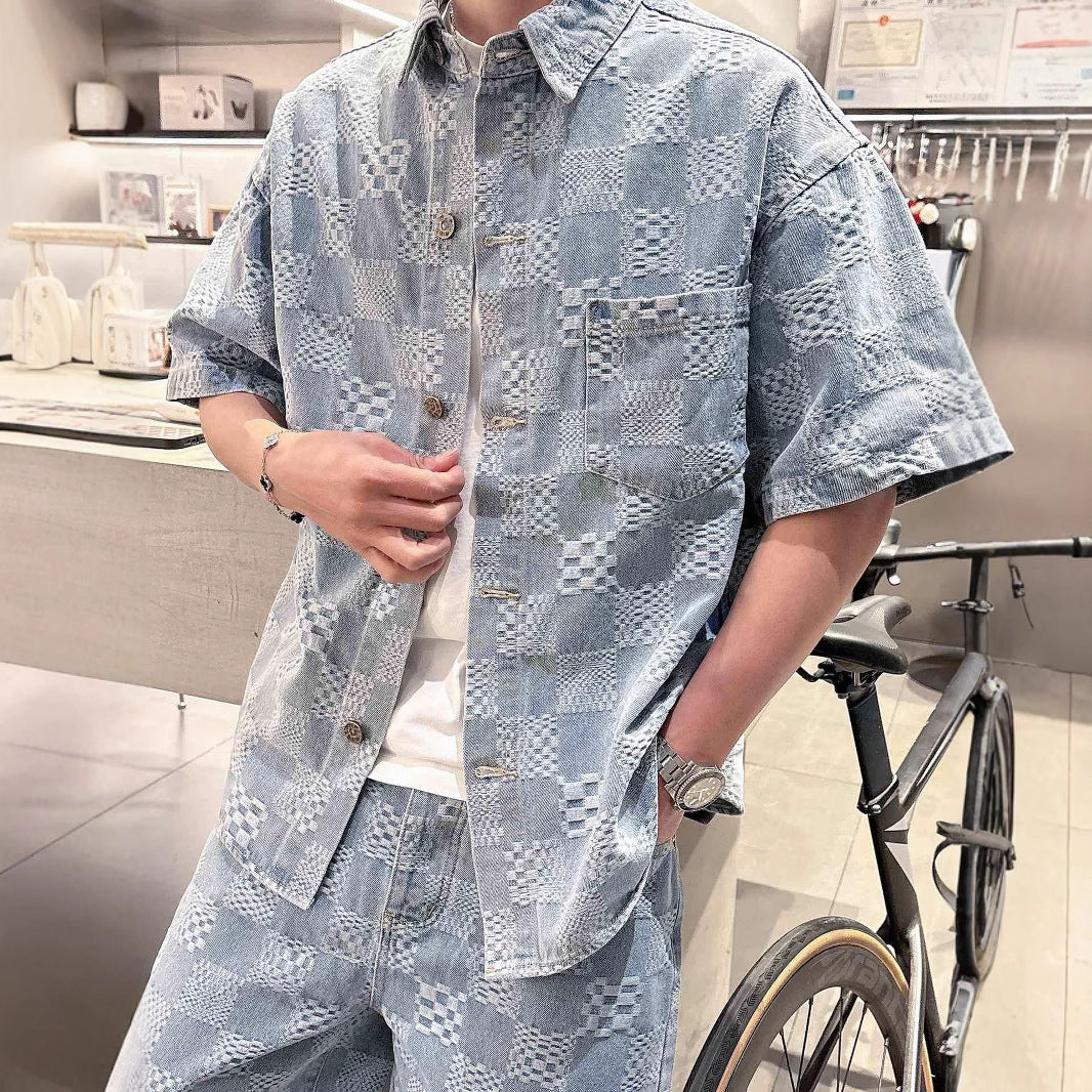 Denim shirt and denim shorts set