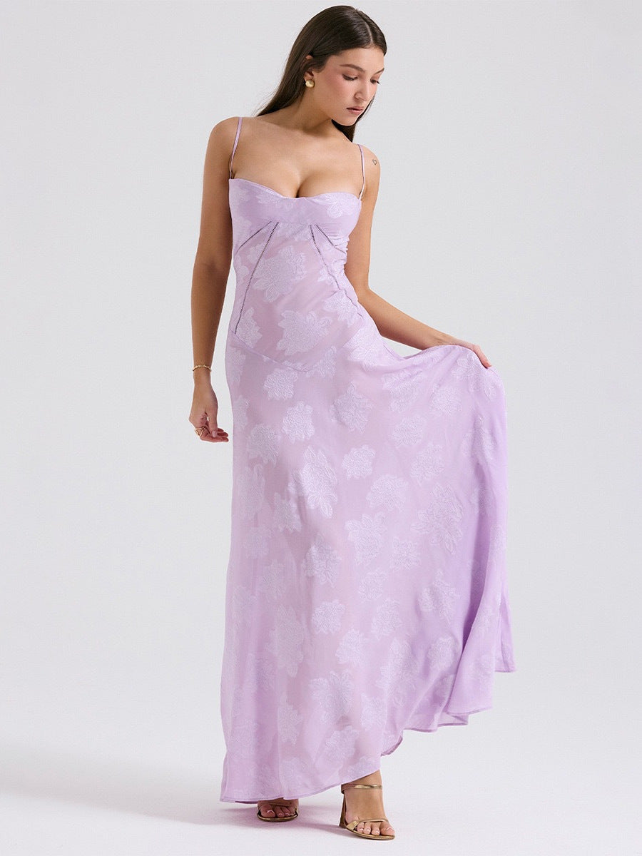 French-Style Jacquard Tie-Up Long Dress