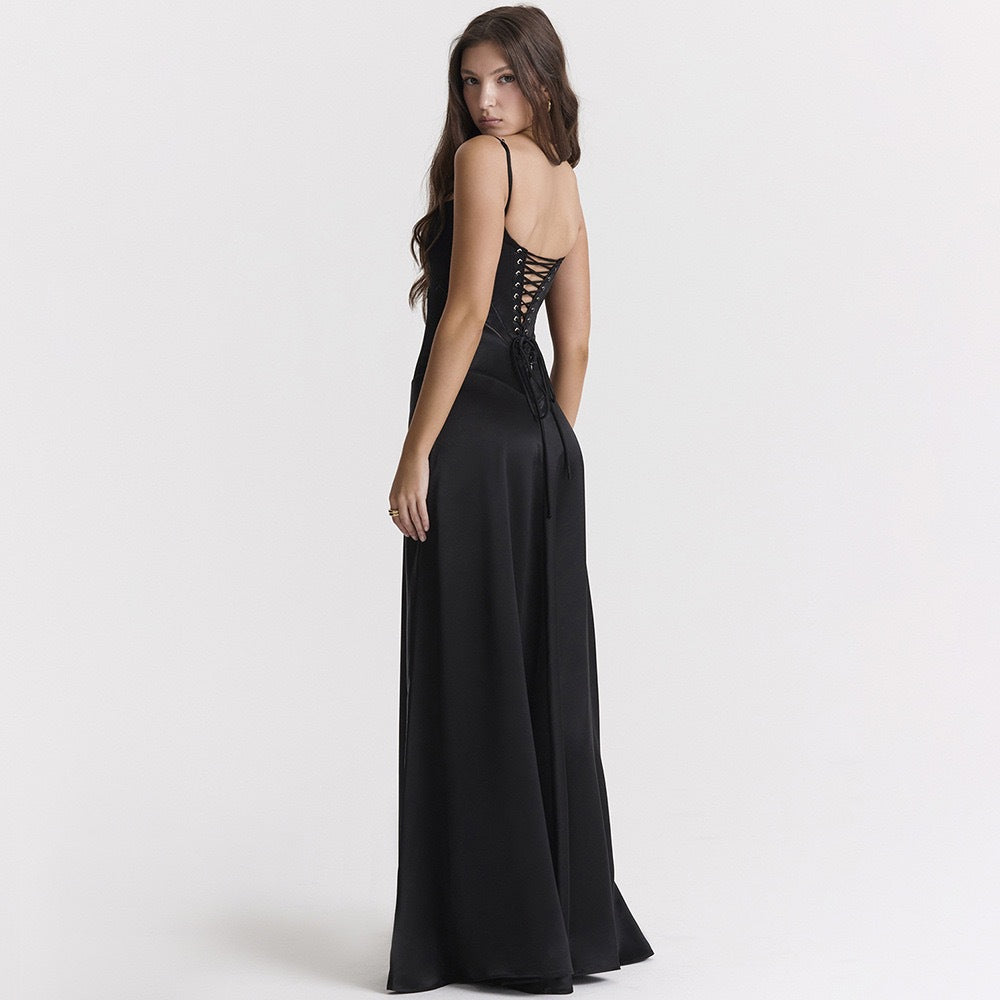 French-Style Jacquard Tie-Up Long Dress