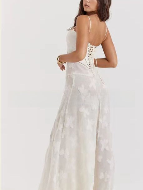 French-Style Jacquard Tie-Up Long Dress