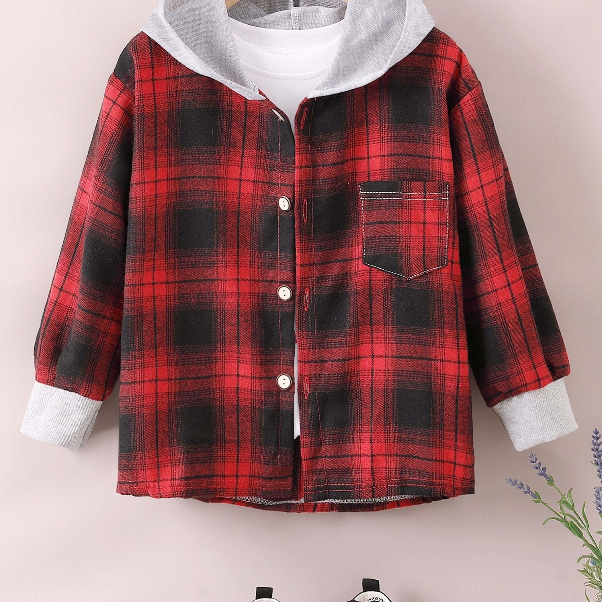 Boys Fashion Plaid Hooded Jacket, Long Sleeve Button Down Hooded Jacket, Kids Clothing