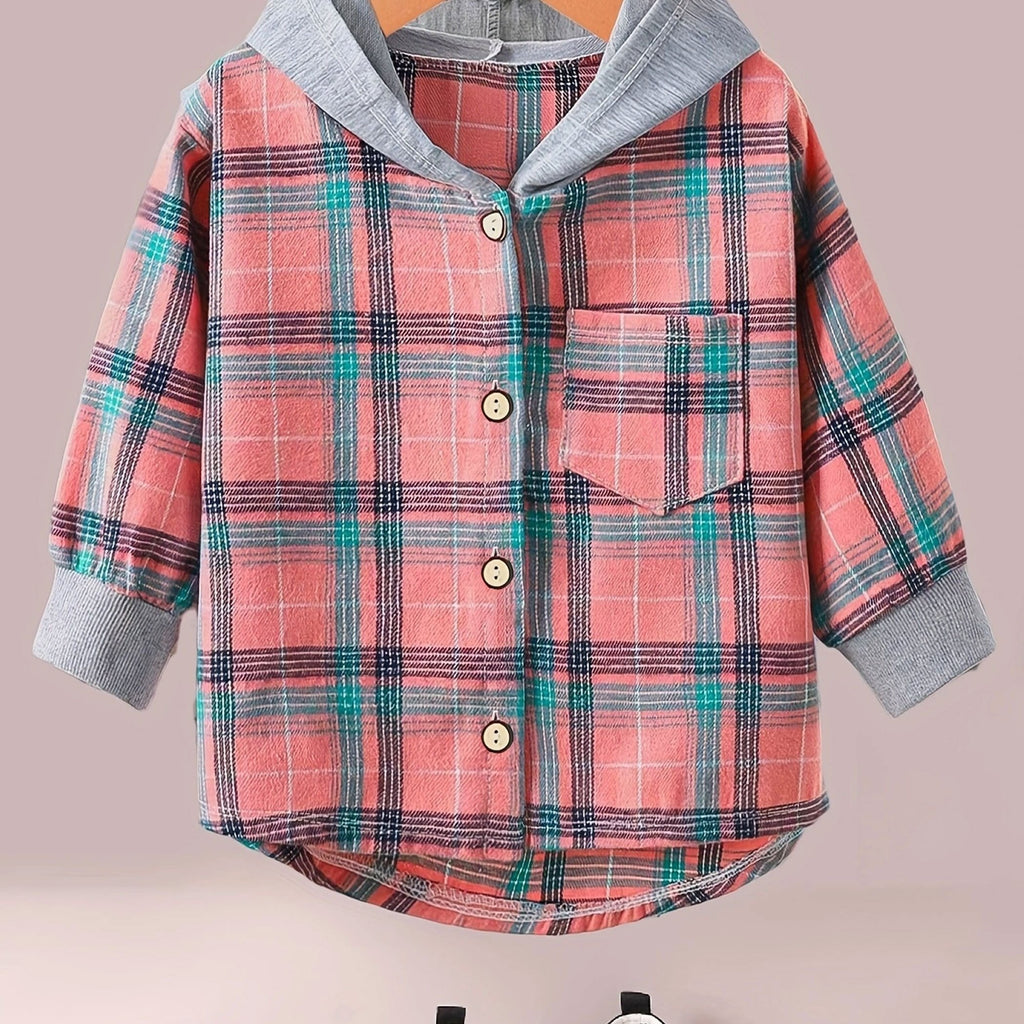 Boys Fashion Plaid Hooded Jacket, Long Sleeve Button Down Hooded Jacket, Kids Clothing