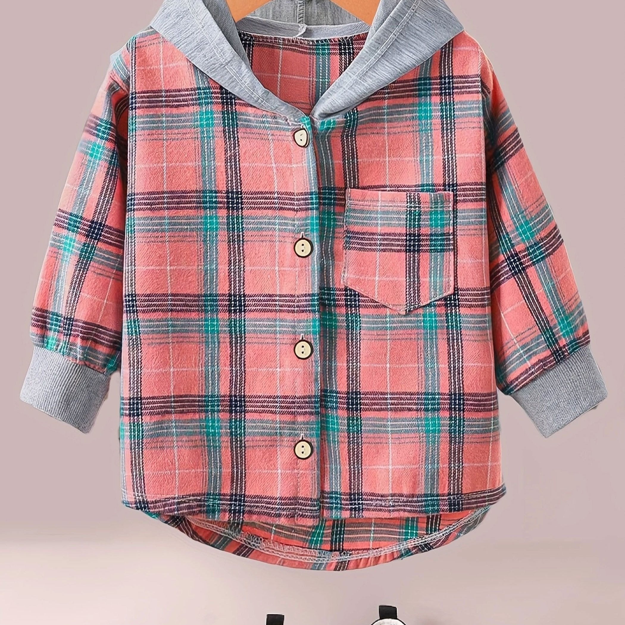 Boys Fashion Plaid Hooded Jacket, Long Sleeve Button Down Hooded Jacket, Kids Clothing