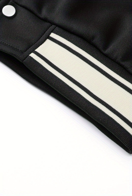 Men's Casual Varsity Jacket - "REARING" Embroidered, Color Block, Polyester, Button-Up with Pockets, Street Style Baseball Coat, Machine Washable
