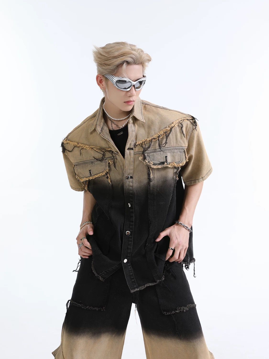 Retro trend water-washed gradient short-sleeved set