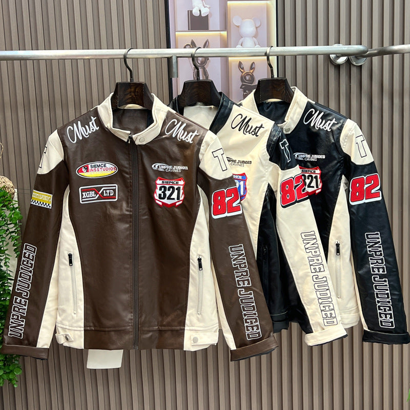 Letter Embroidered PU Leather Motorcycle Baseball Jacket
