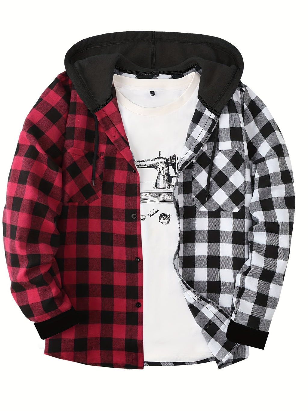 Long Sleeve Casual Regular Fit Button Up Hooded Shirts Jacket, Plaid Shirt Coat For Men