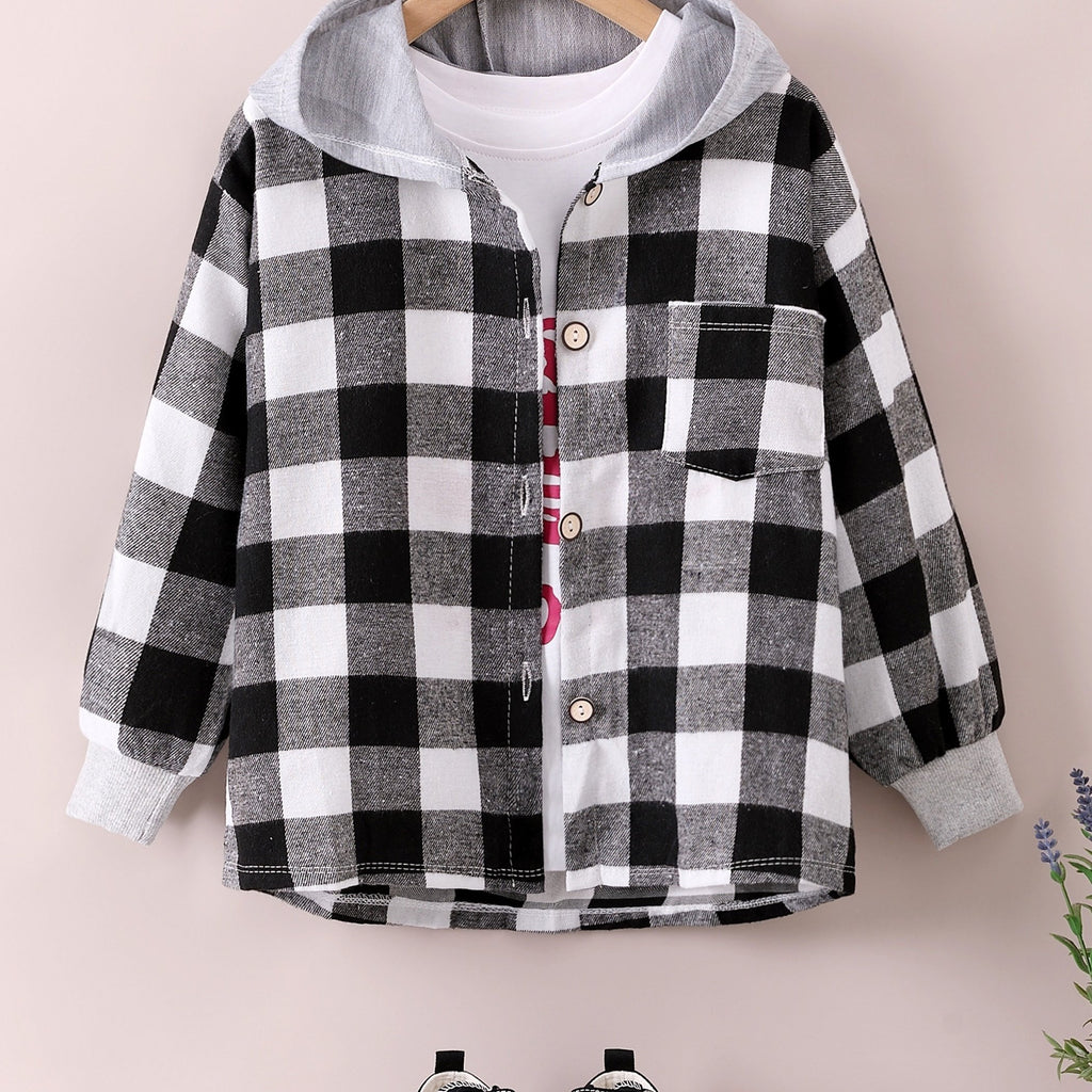 Boys Fashion Plaid Hooded Jacket, Long Sleeve Button Down Hooded Jacket, Kids Clothing