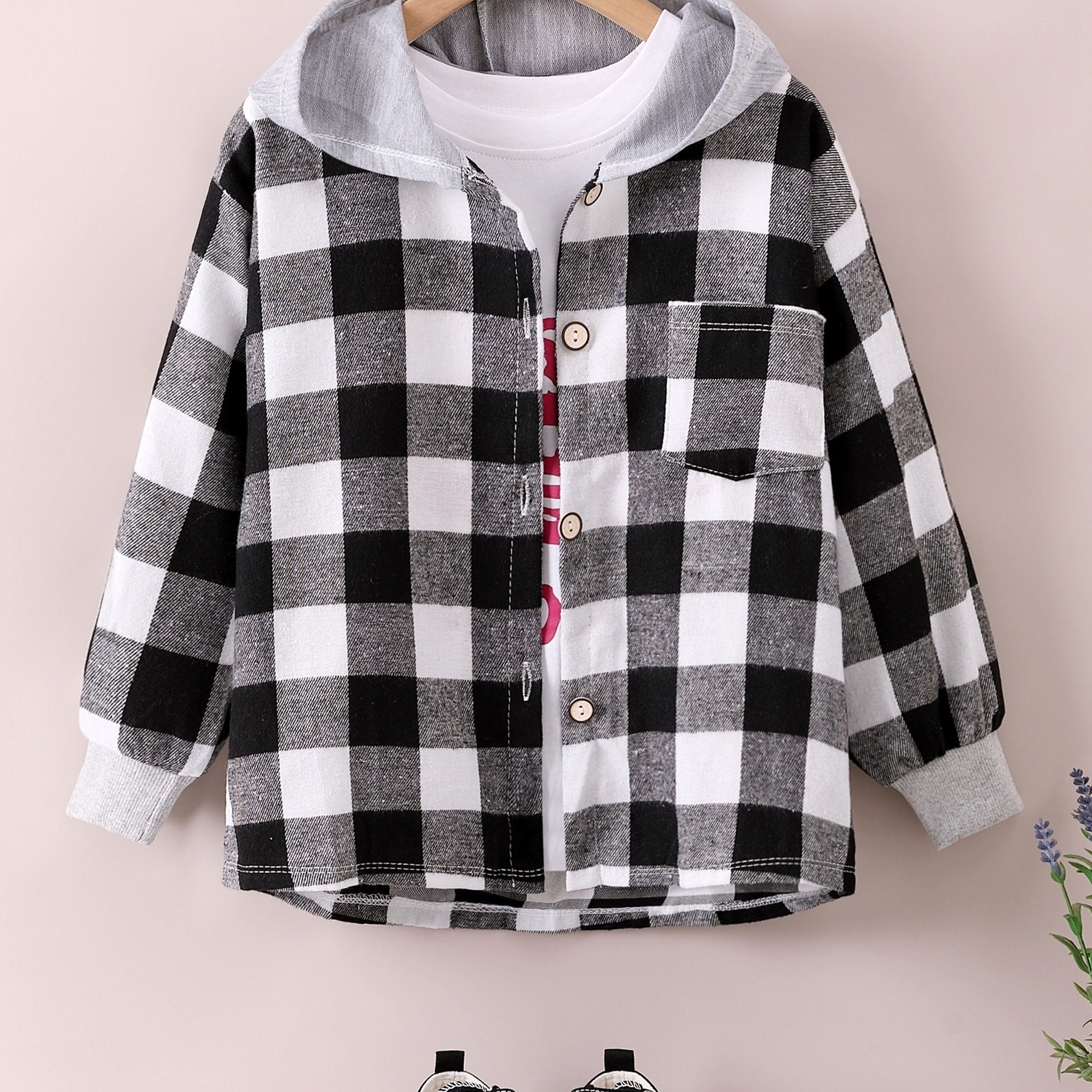 Boys Fashion Plaid Hooded Jacket, Long Sleeve Button Down Hooded Jacket, Kids Clothing