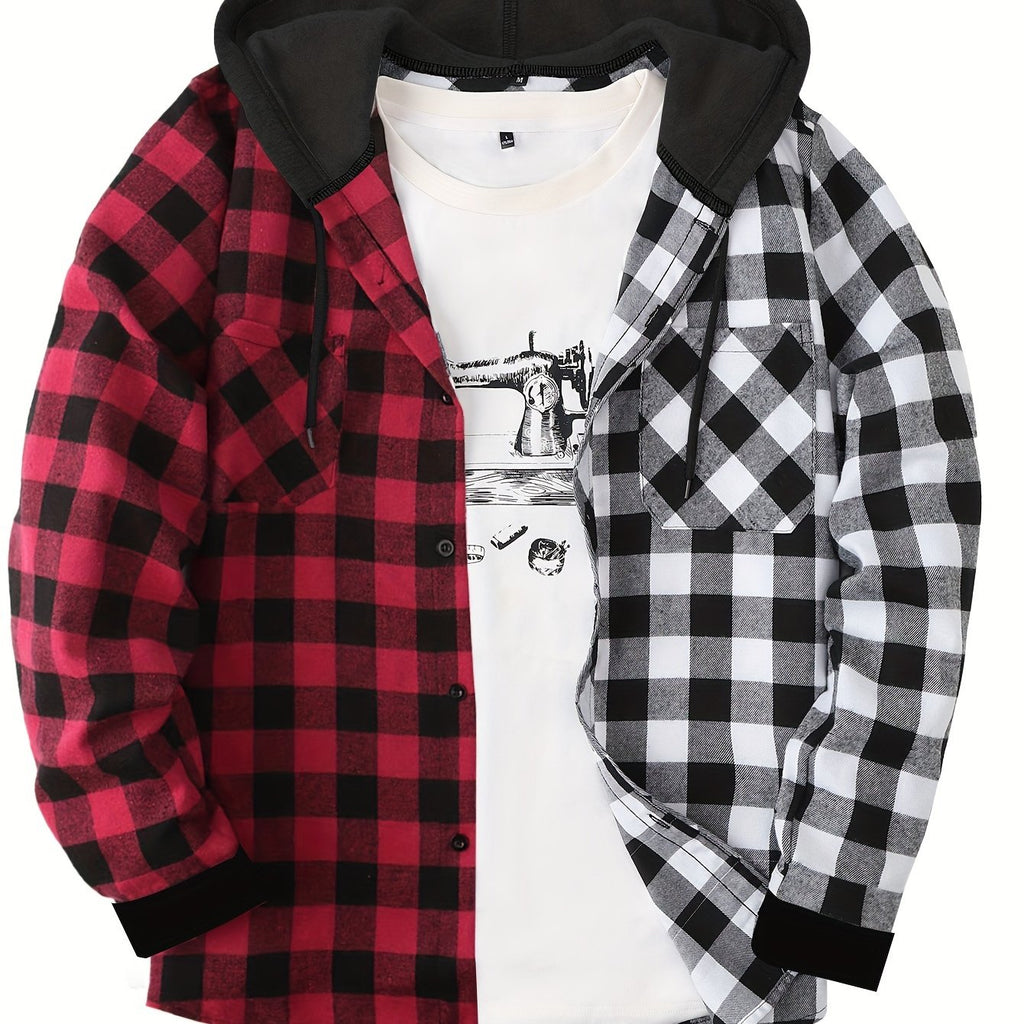 Long Sleeve Casual Regular Fit Button Up Hooded Shirts Jacket, Plaid Shirt Coat For Men