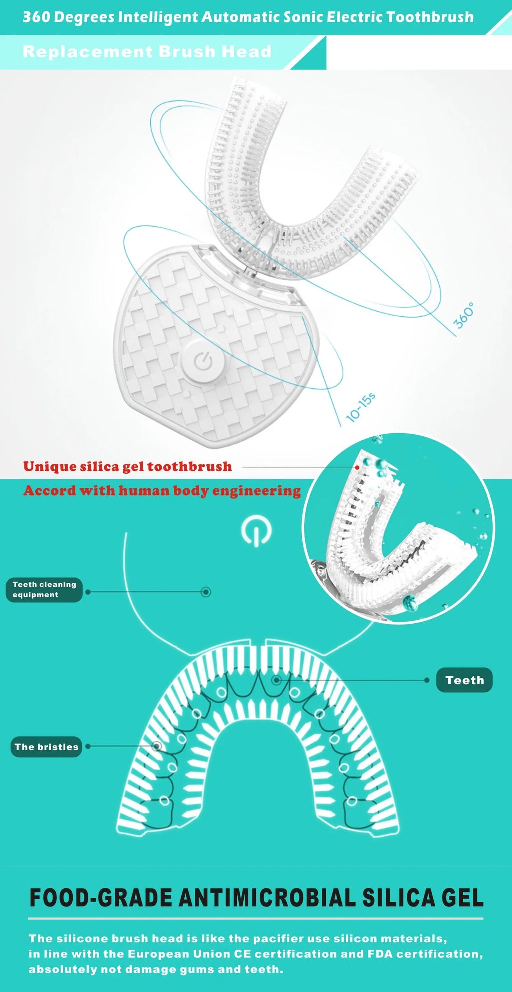 60 Degree U-shaped intelligent Automatic Toothbrush Replacement Head Tooth Whitening Silicone Soft Brush Heads For Adult and Chi
