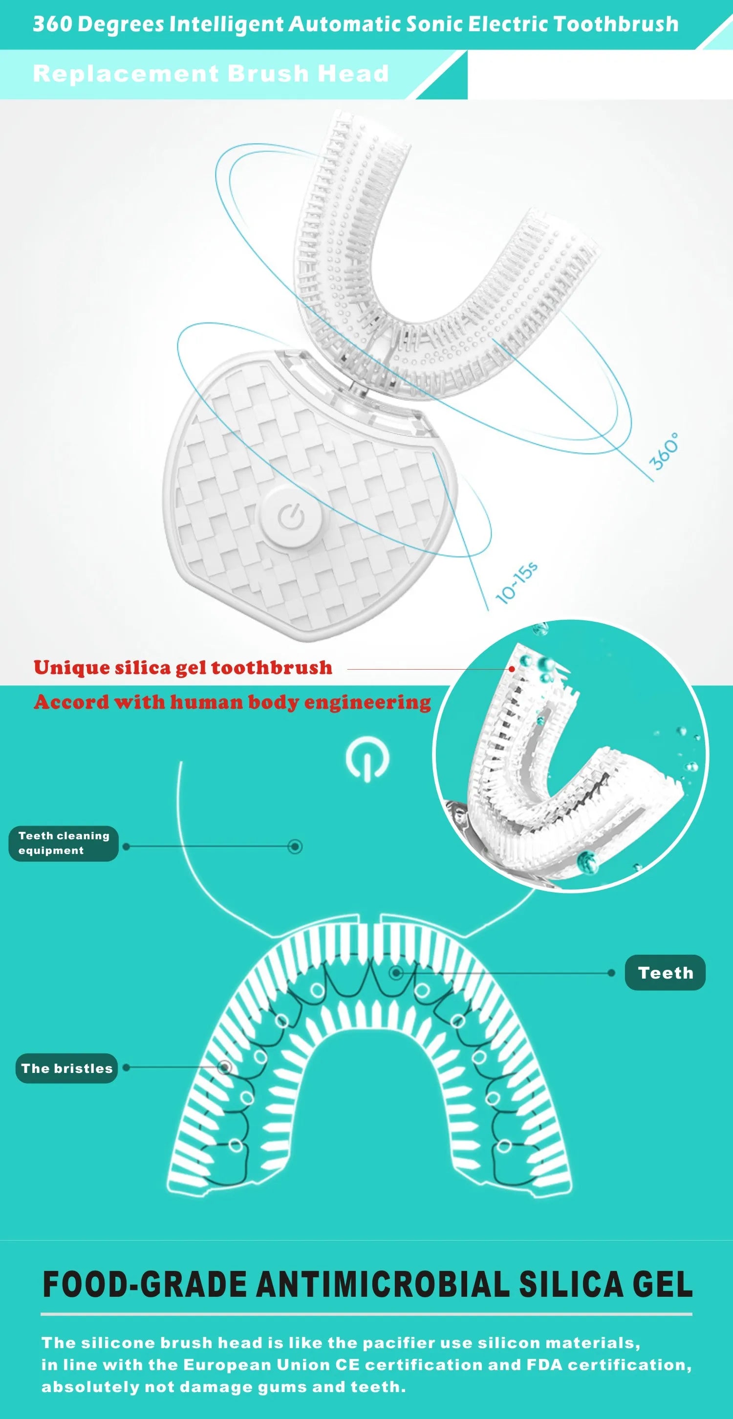60 Degree U-shaped intelligent Automatic Toothbrush Replacement Head Tooth Whitening Silicone Soft Brush Heads For Adult and Chi