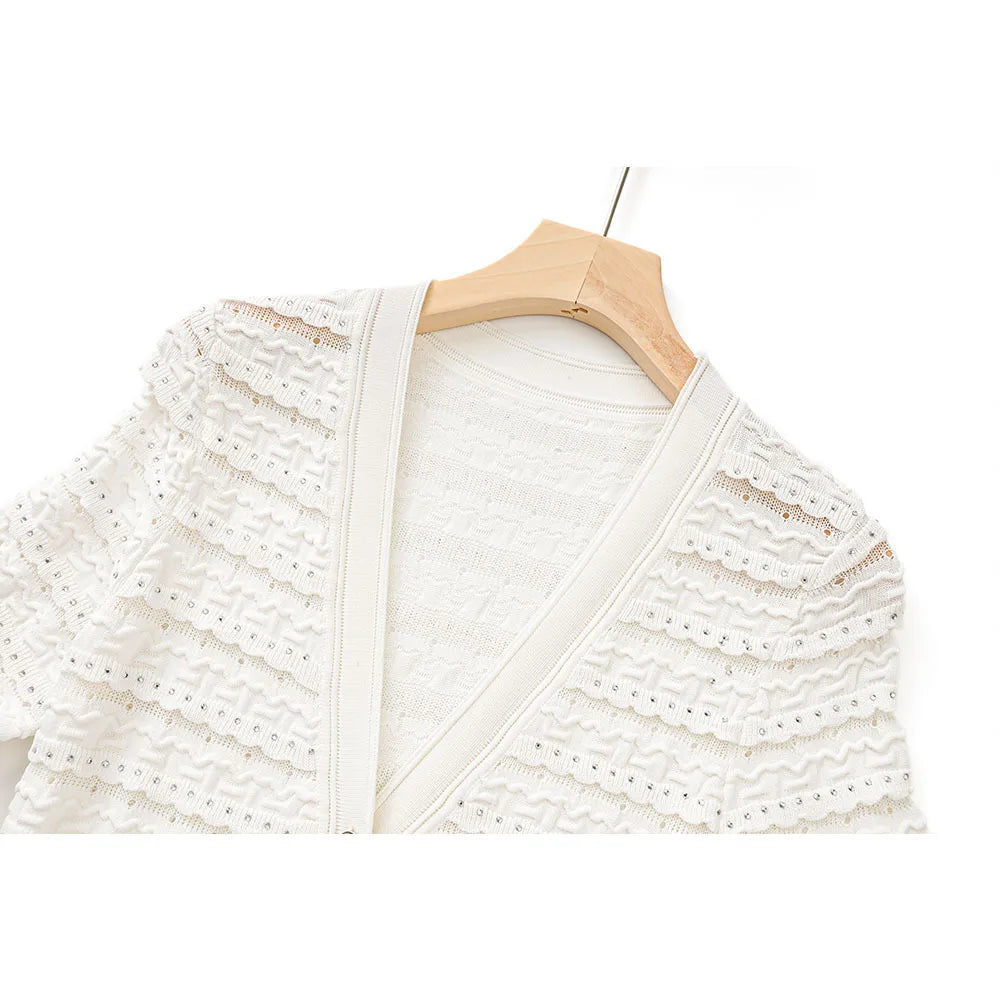 Woman White V-Neck Single Breasted Long Sleeves Long Dress 2025 Female Spring Fashion Lady Robe Elegant Knit Dresses Streetwear