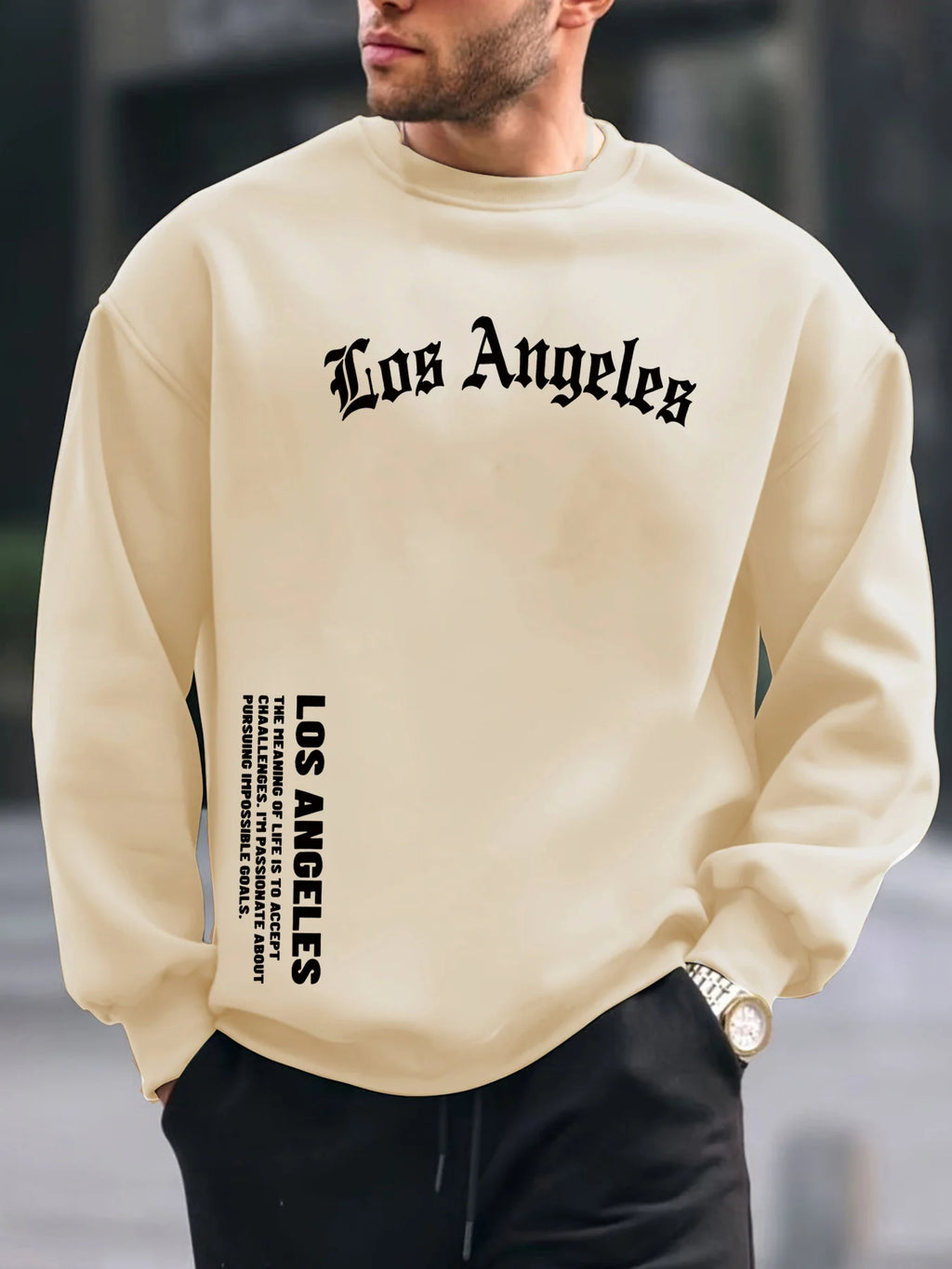 Men's autumn and winter fashionable casual loose Los Angeles letter graphic printed long sleeved round neck sweatshirt