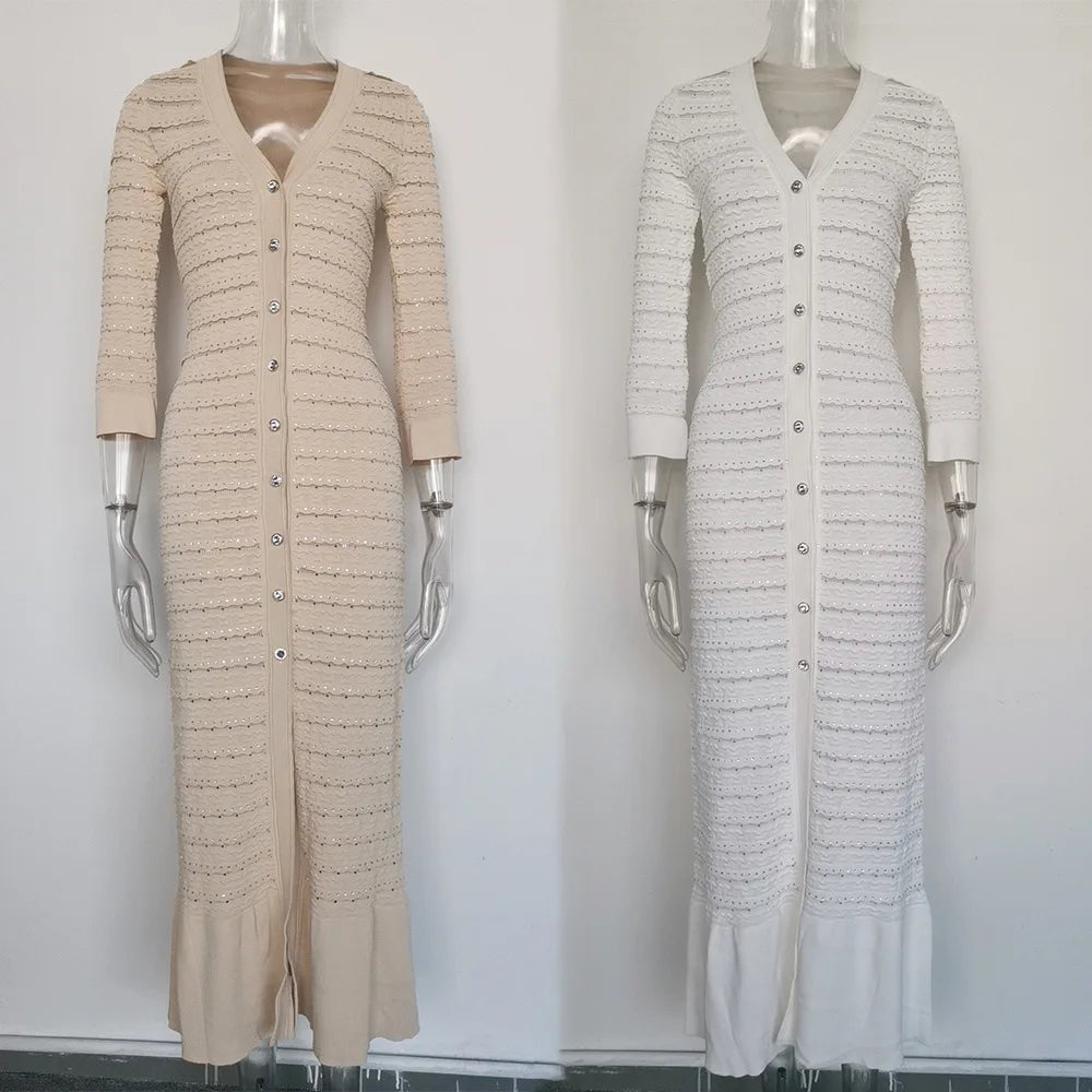 Woman White V-Neck Single Breasted Long Sleeves Long Dress 2025 Female Spring Fashion Lady Robe Elegant Knit Dresses Streetwear