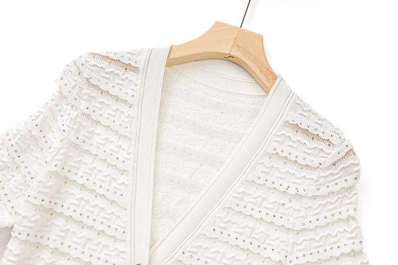 Woman White V-Neck Single Breasted Long Sleeves Long Dress 2025 Female Spring Fashion Lady Robe Elegant Knit Dresses Streetwear