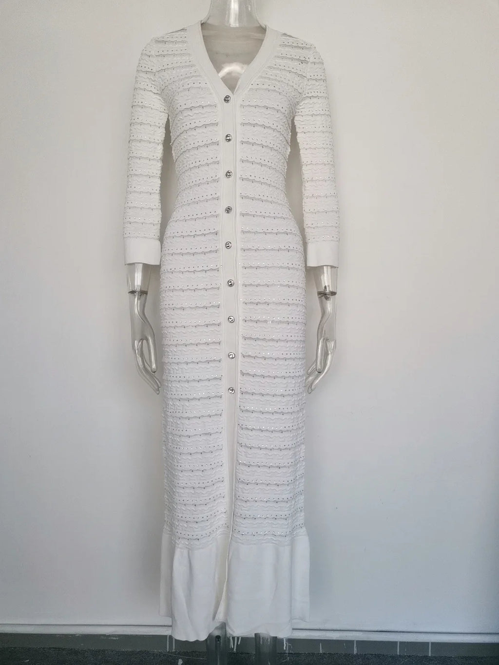 Woman White V-Neck Single Breasted Long Sleeves Long Dress 2025 Female Spring Fashion Lady Robe Elegant Knit Dresses Streetwear