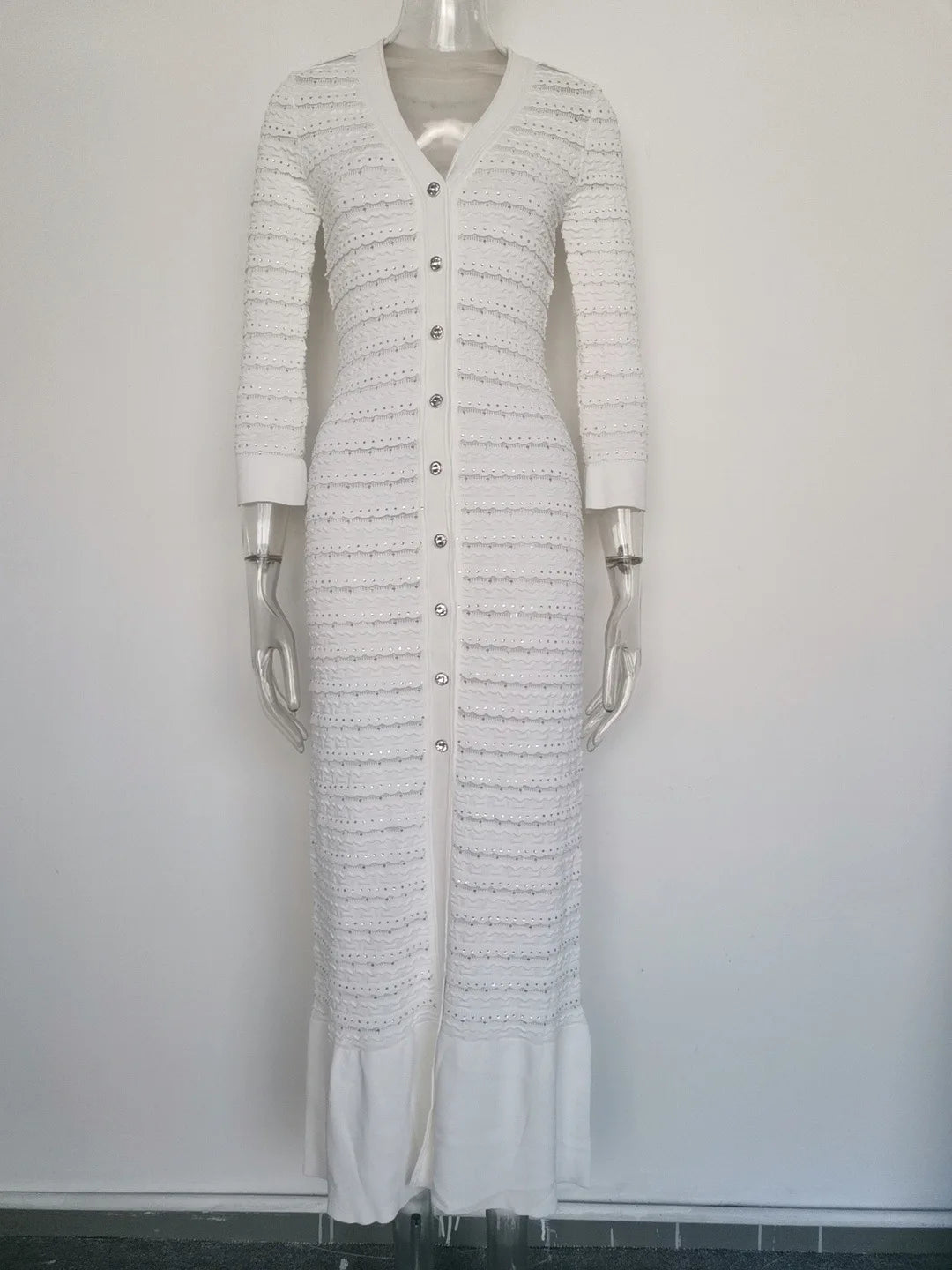 Woman White V-Neck Single Breasted Long Sleeves Long Dress 2025 Female Spring Fashion Lady Robe Elegant Knit Dresses Streetwear